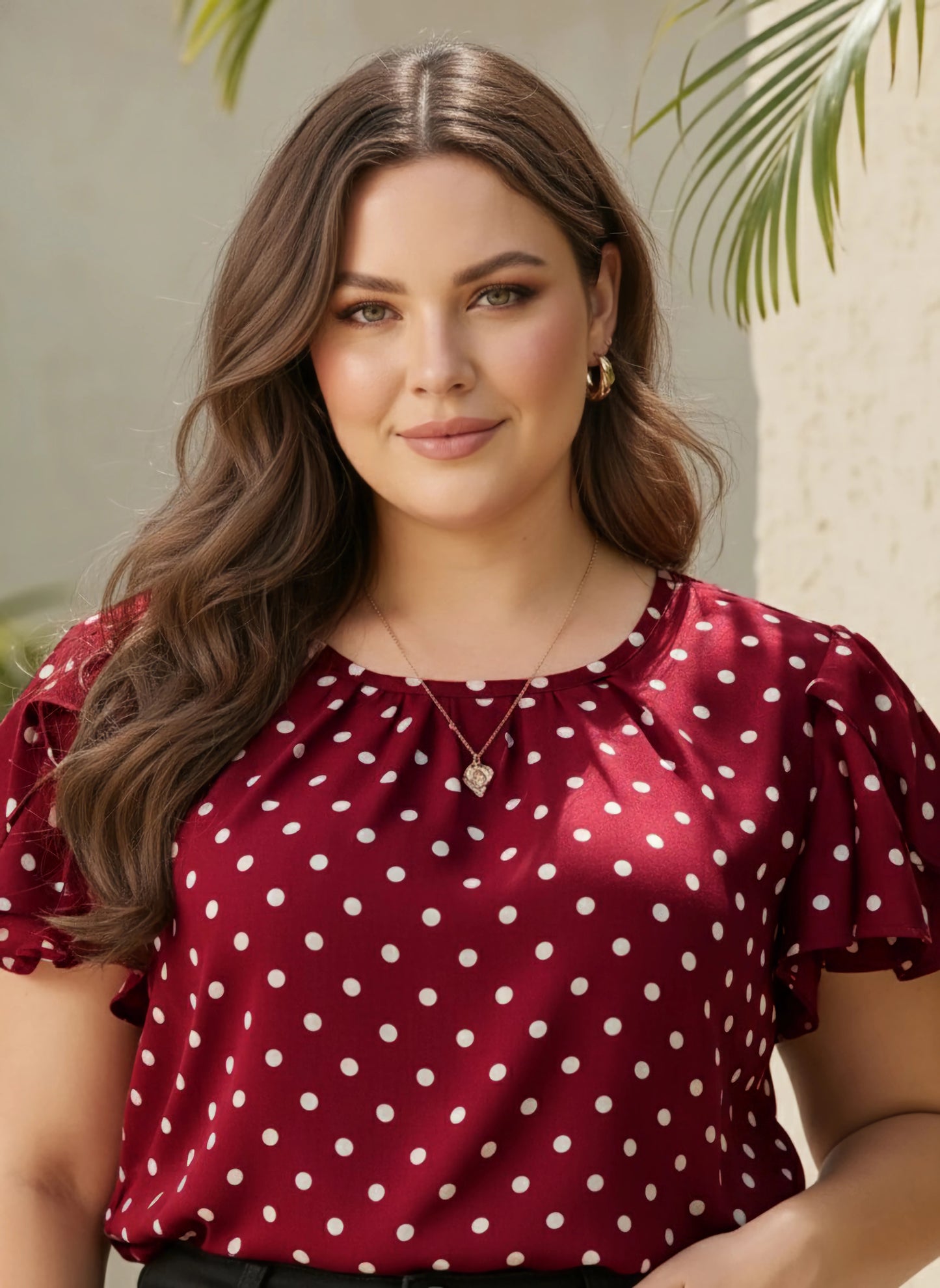 Berrylush Curve Women Red & White Polka Dot Printed Round Neck Puff Sleeves Straight Hem Pleated Regular Top