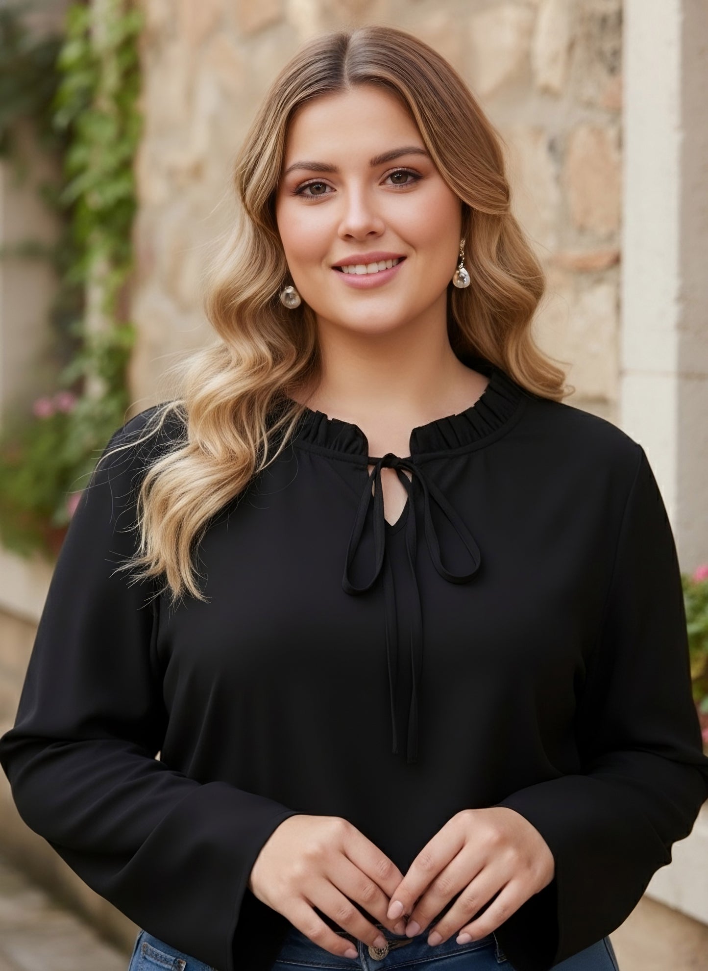 Berrylush Women Plus Size Solid Black Tie-Up Neck Cuff Sleeves Crepe Ruffled Regular Top