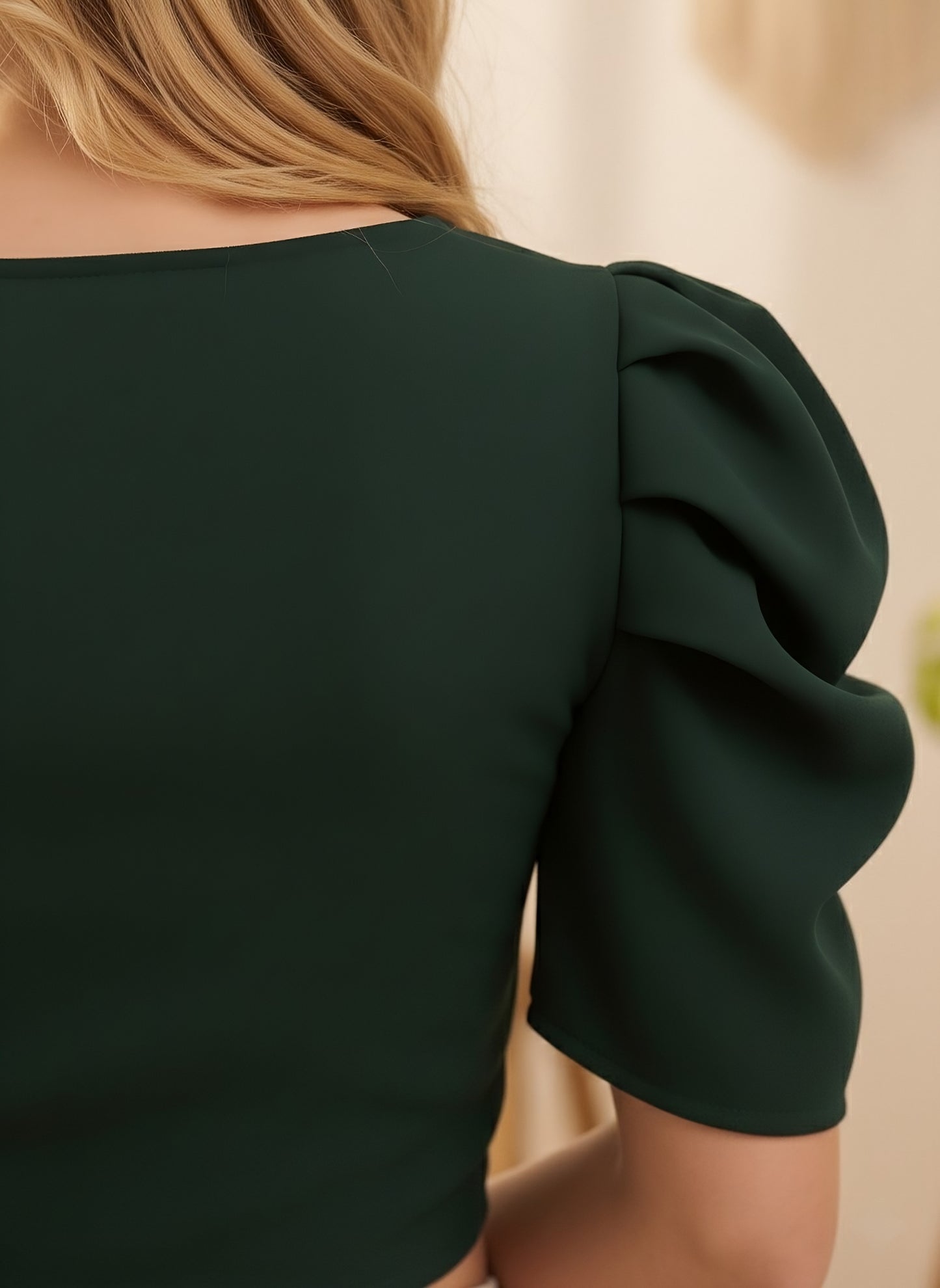 Berrylush Women Solid Green Round Neck Puff Sleeves Crepe Styled Tie-Up Back Cropped Top