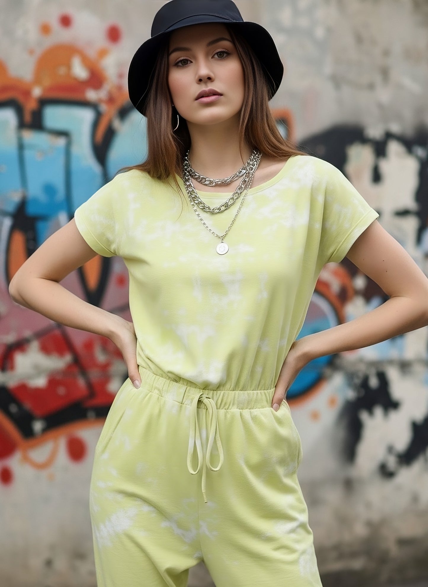 Berrylush Women Yellow & White Tie-Dye Printed Round Neck Two-Pocket Tie-Up Waist Cotton Regular Jumpsuit