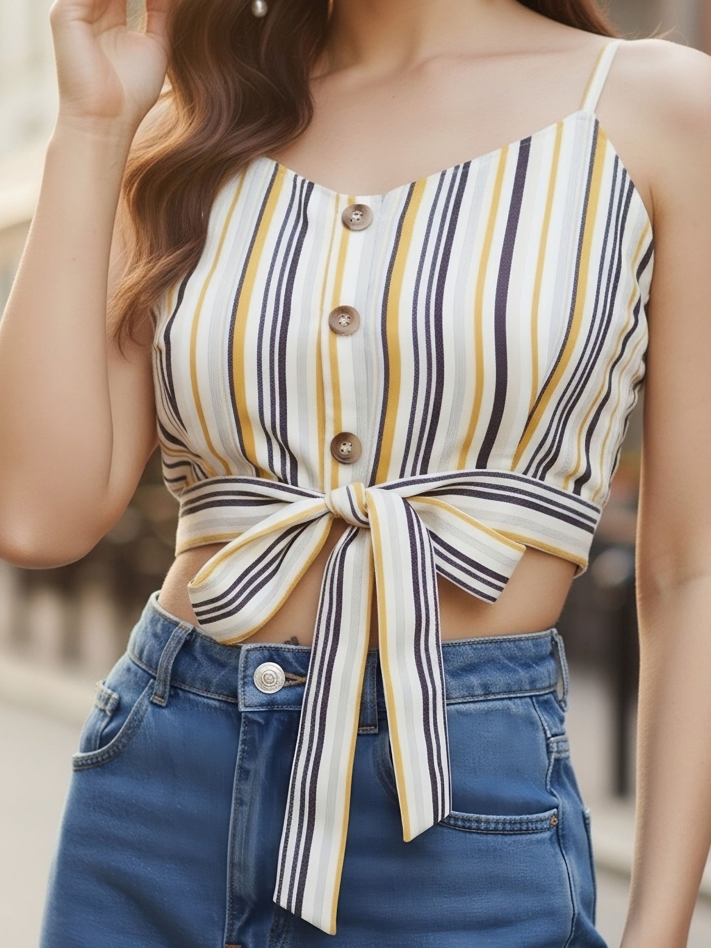 Berrylush Women Multi-Colour Striped Pattern V-Neck Tie-Up Knot Crop Top