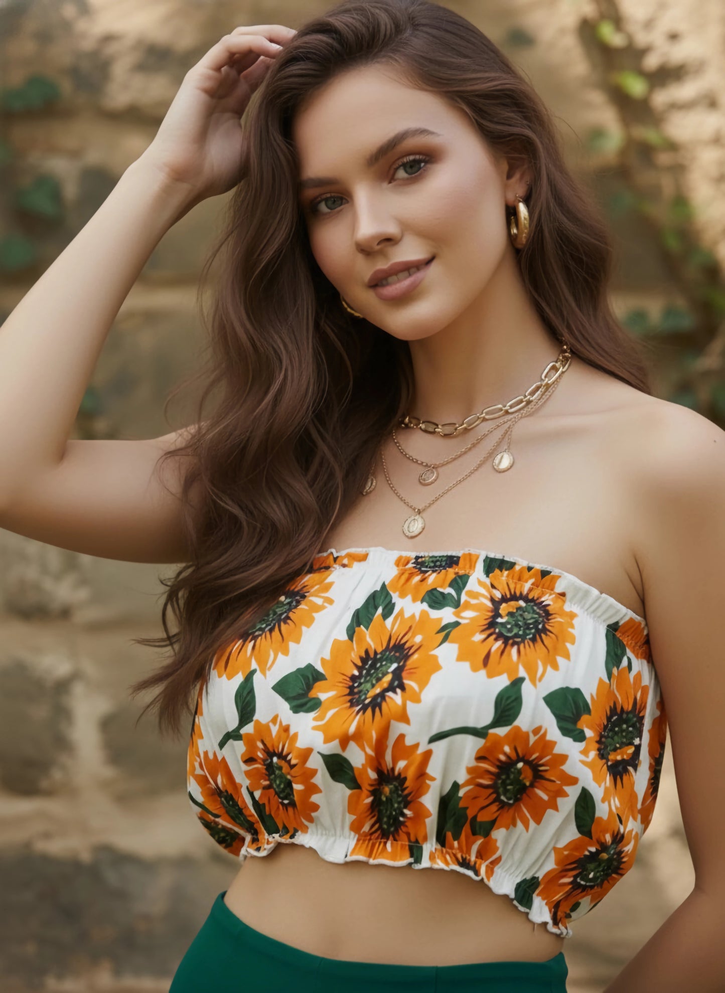 Berrylush Women Mustard Floral Printed Bandeau Ruffled Crop Top