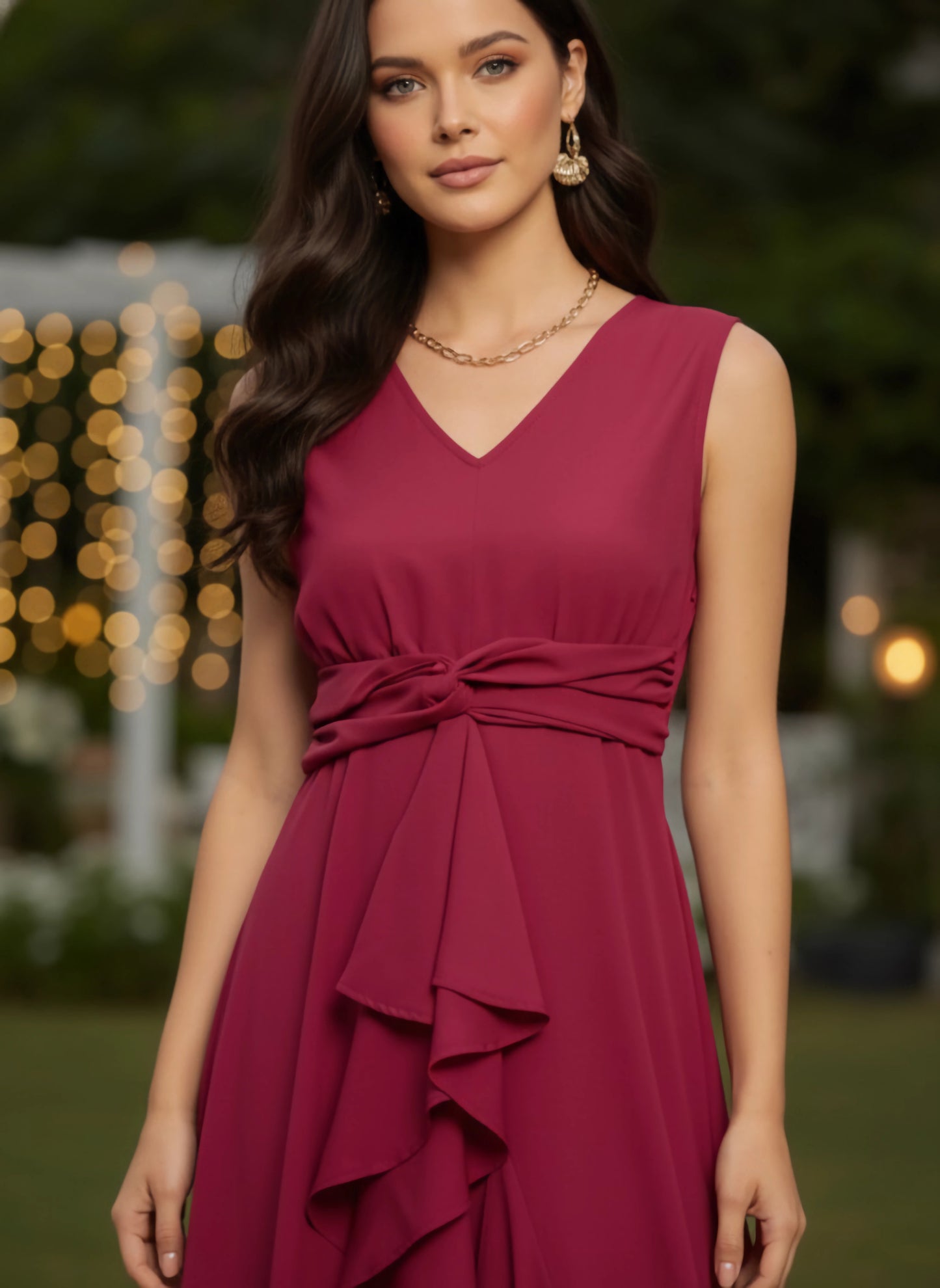 Berrylush Women Solid Red V-Neck Sleeveless High-Low Hem Ruffled A-Line Maxi Dress