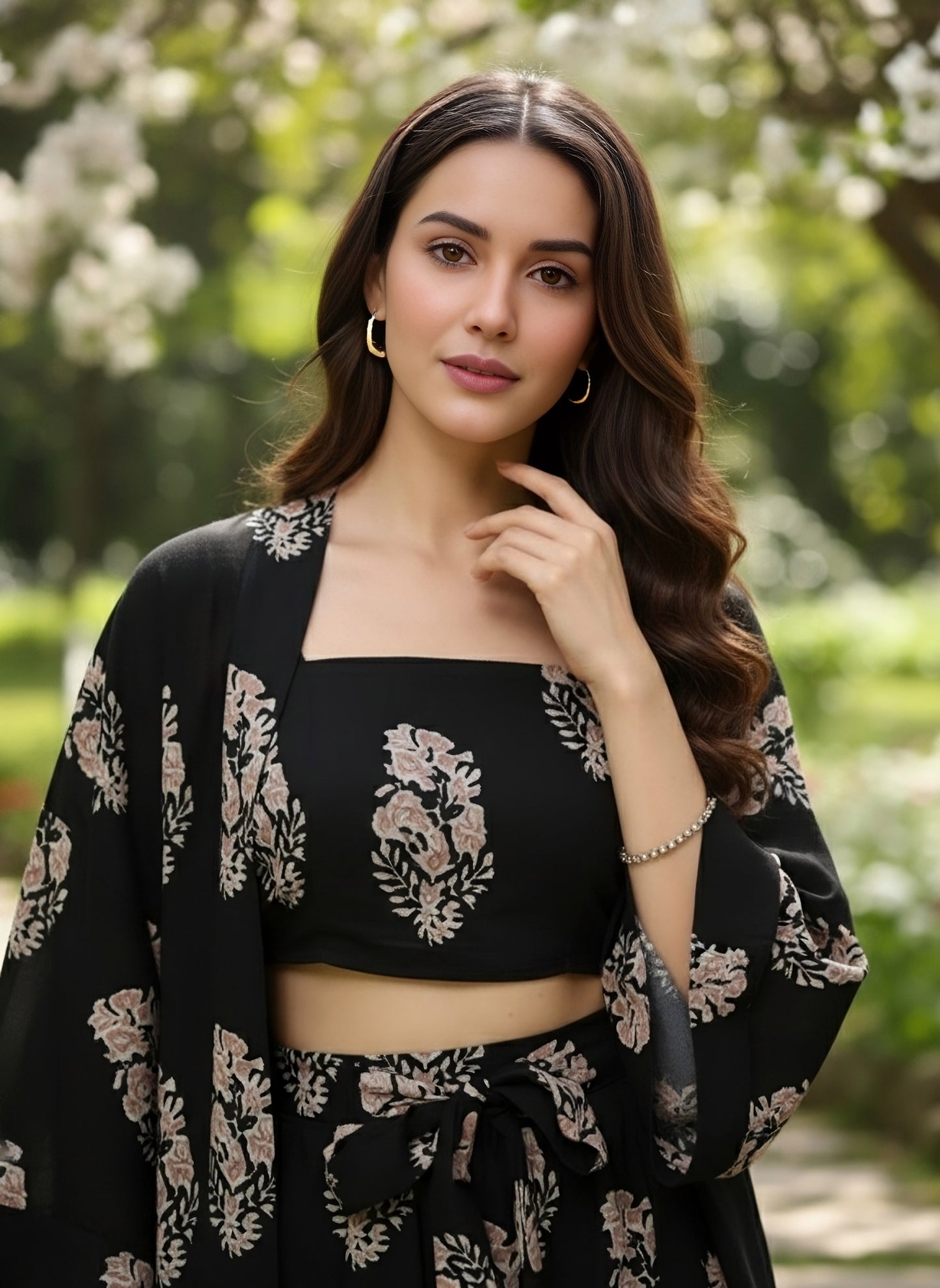 Berrylush Women Black & White Paisley Printed Crop Top & Tie-Up Front Shorts With Kimono