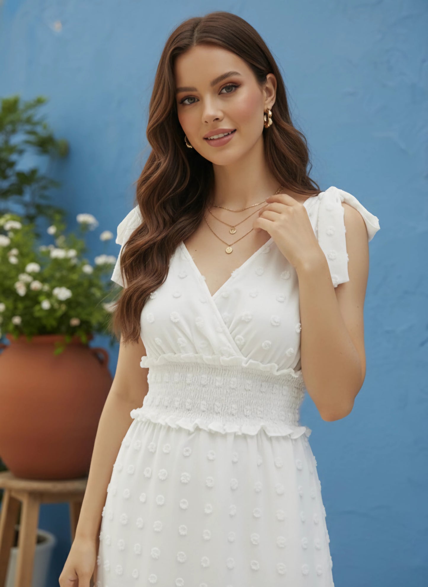 Berrylush Women White Self-Design Pattern V-Neck Sleeveless Tie-Up Straps Smocked Maxi Dress