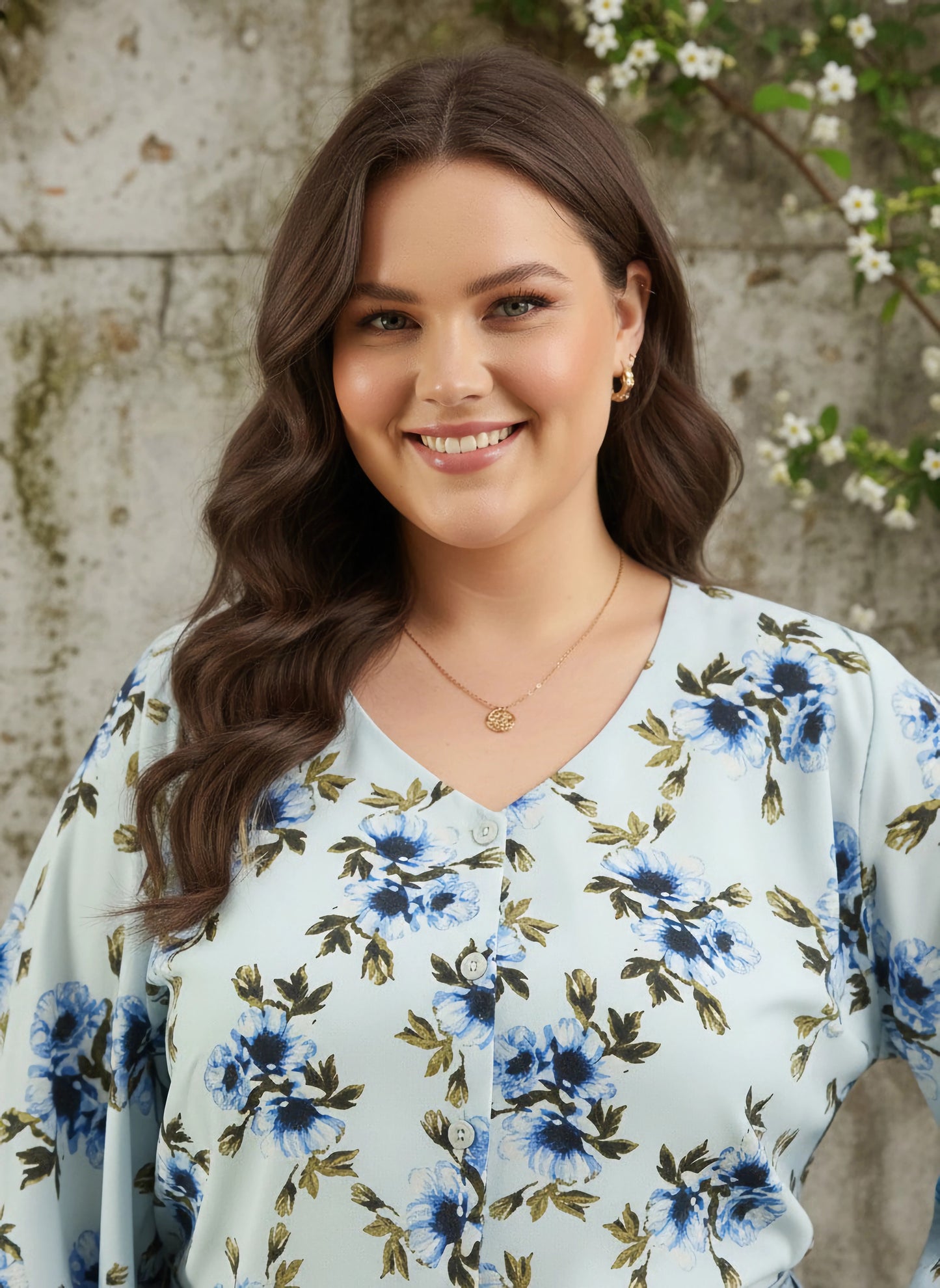 Berrylush Curve Women Green & Blue Floral Printed V-Neck Batwing Sleeves Front Button-Up Regular Top