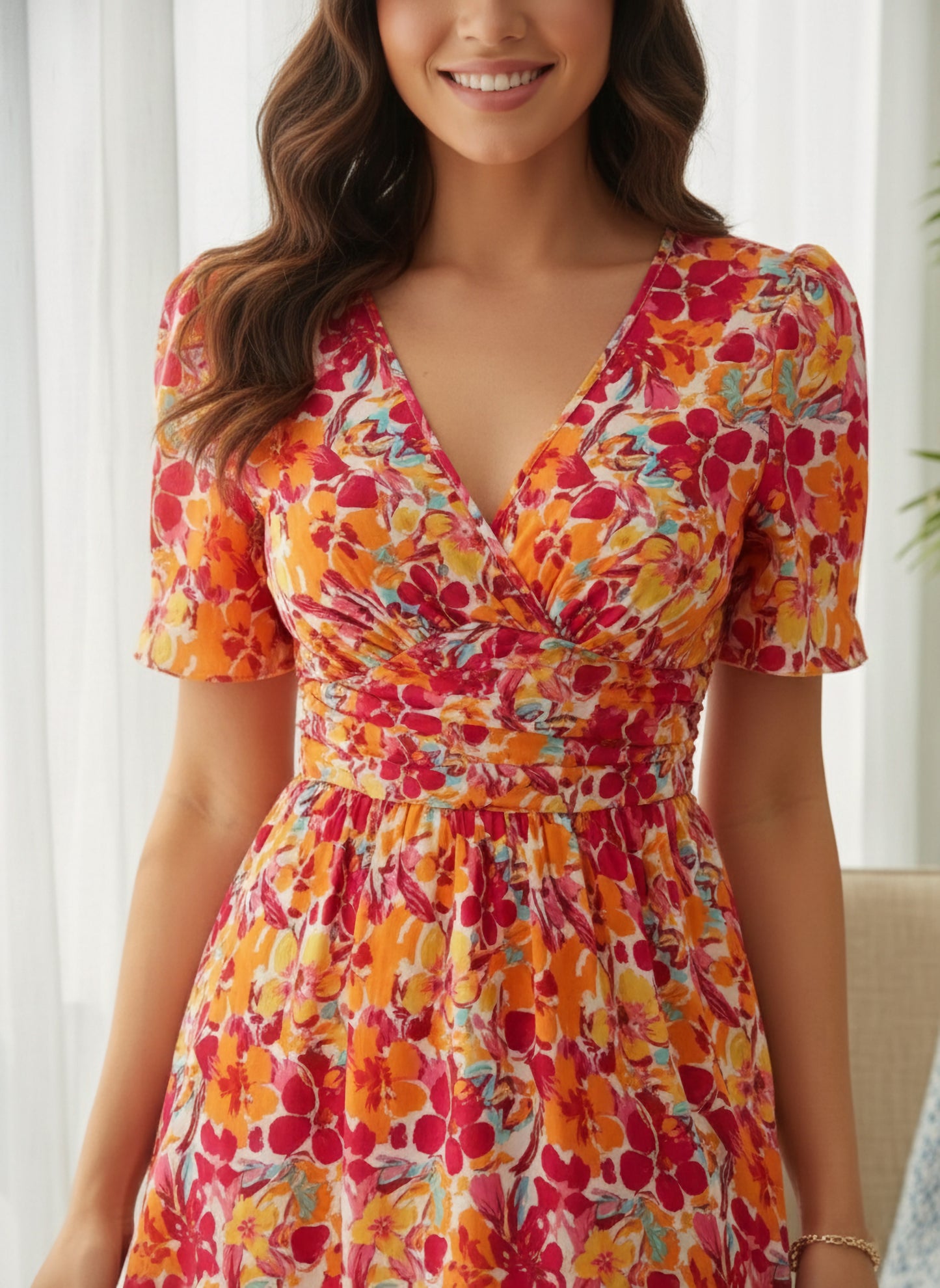 Berrylush Women Red Floral Printed V-Neck Short Sleeve Fit & Flare Mini Dress