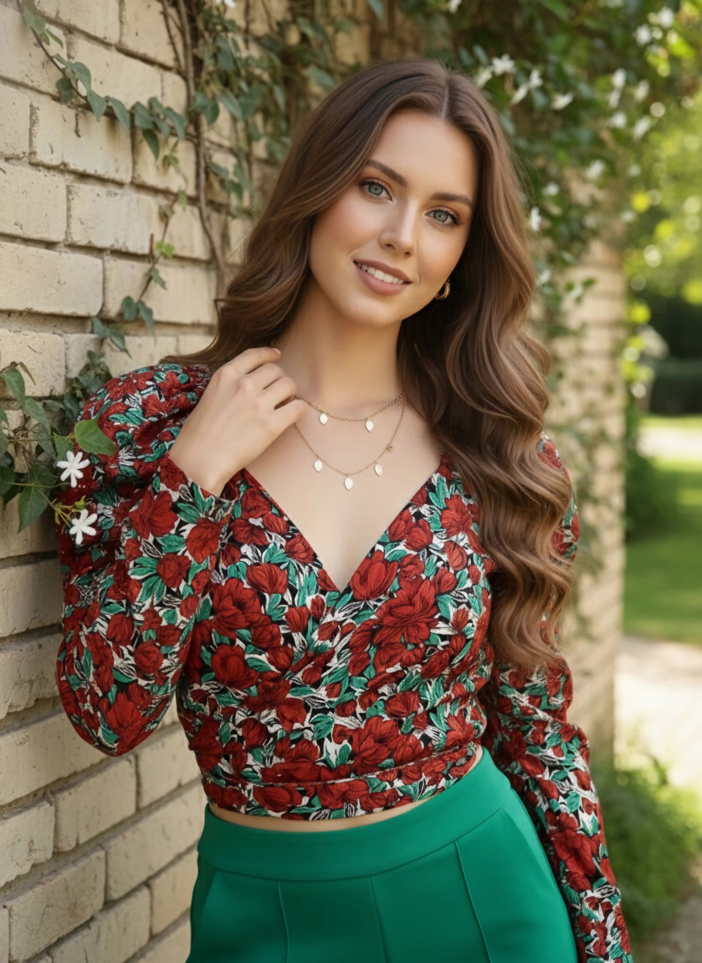 Berrylush Women Red & Black Floral Print Puff Sleeves Crepe Wrap Top