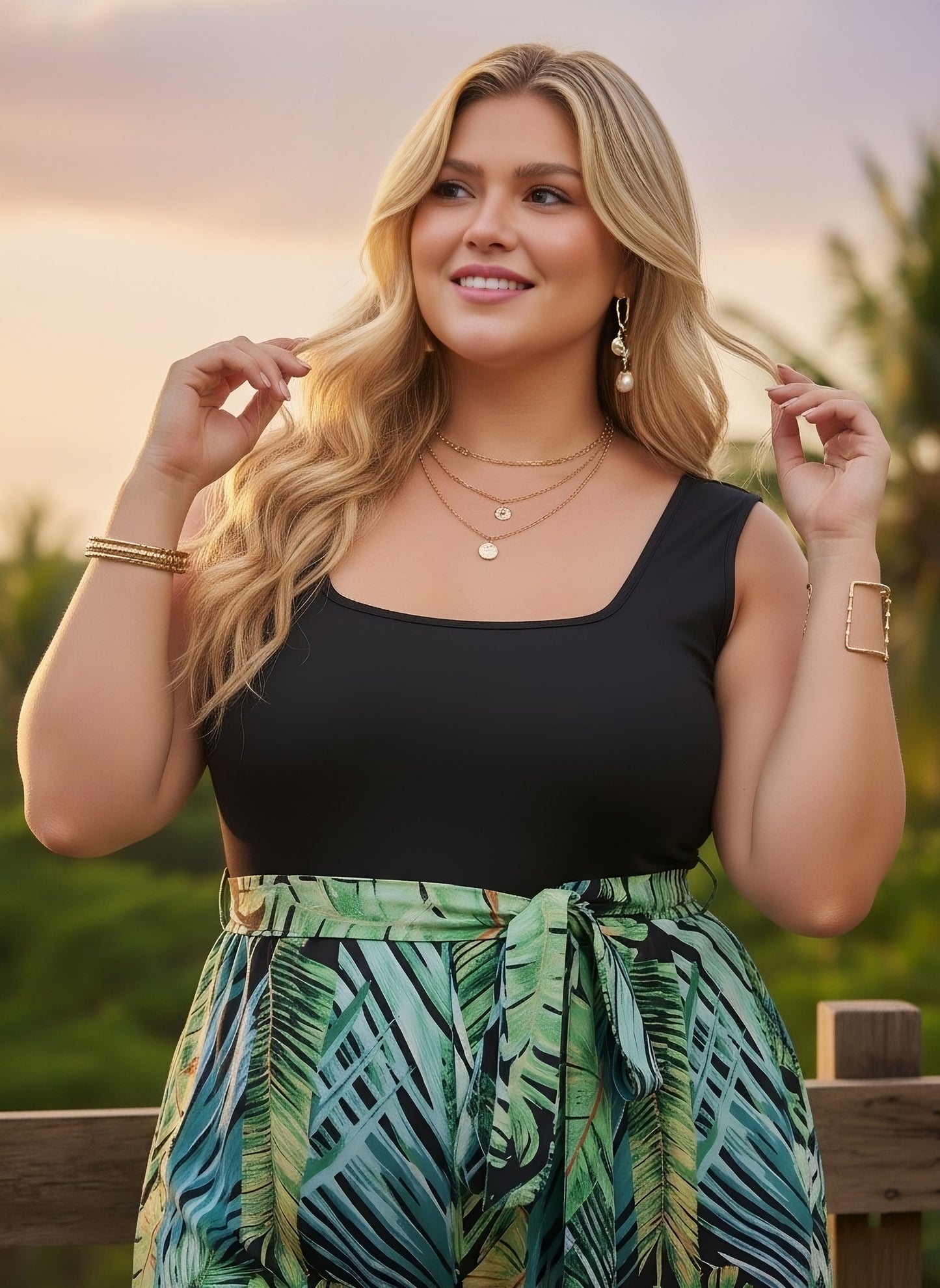 Berrylush Curve Women Black & Green Tropical Printed Square Neck Sleeveless Waist Tie-Up Wide-Leg Lined Maxi Jumpsuit