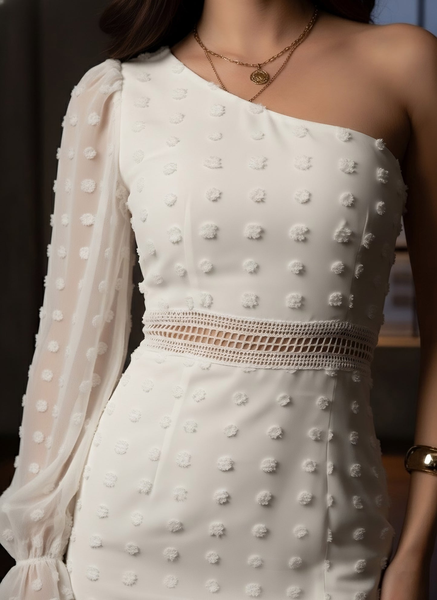 Berrylush Women White Solid One-Shoulder Neck Bishop Sleeves Bodycon Mini Dress