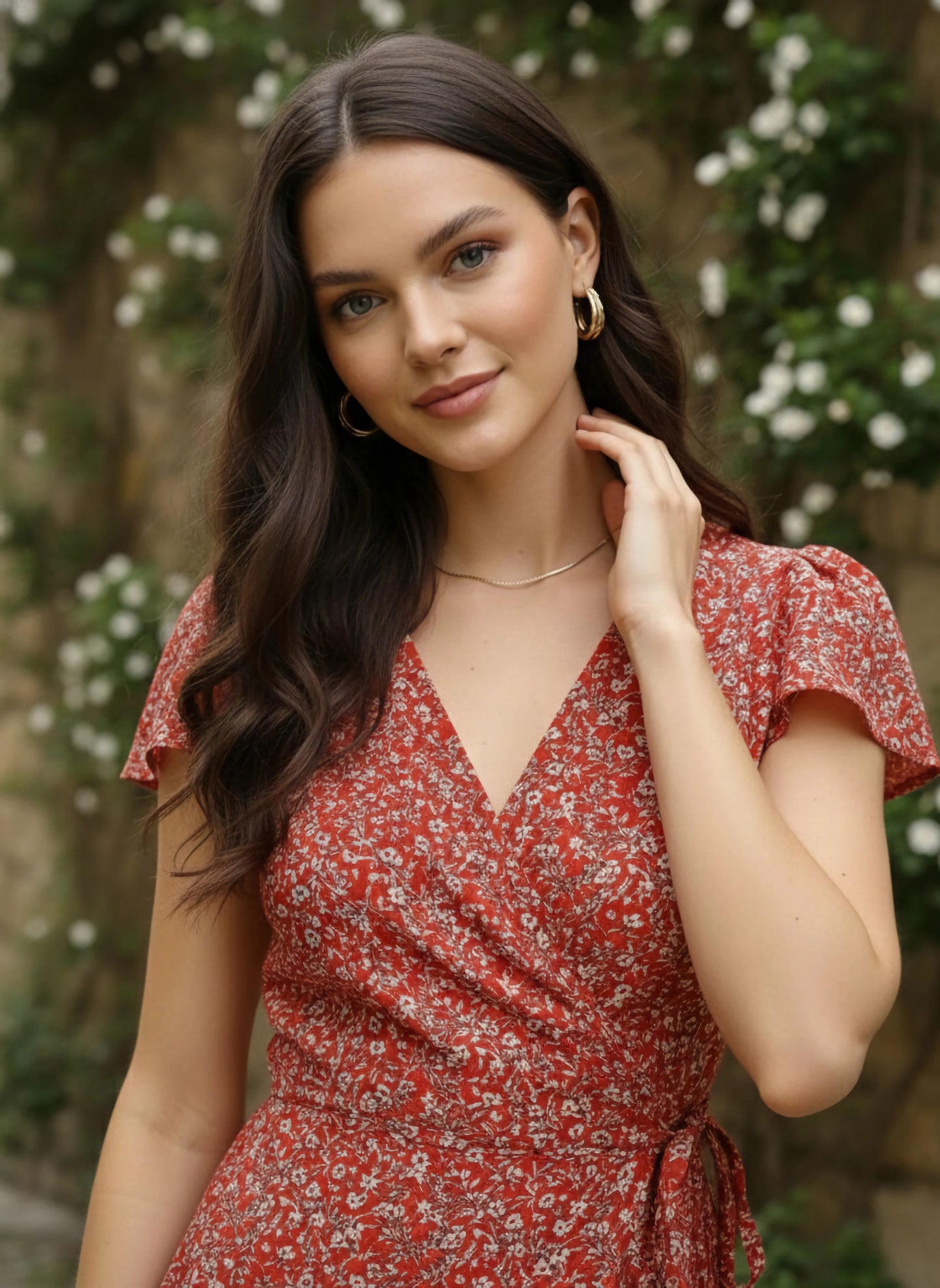 Berrylush Women Red Floral Printed A-Line Mini Wrap Dress