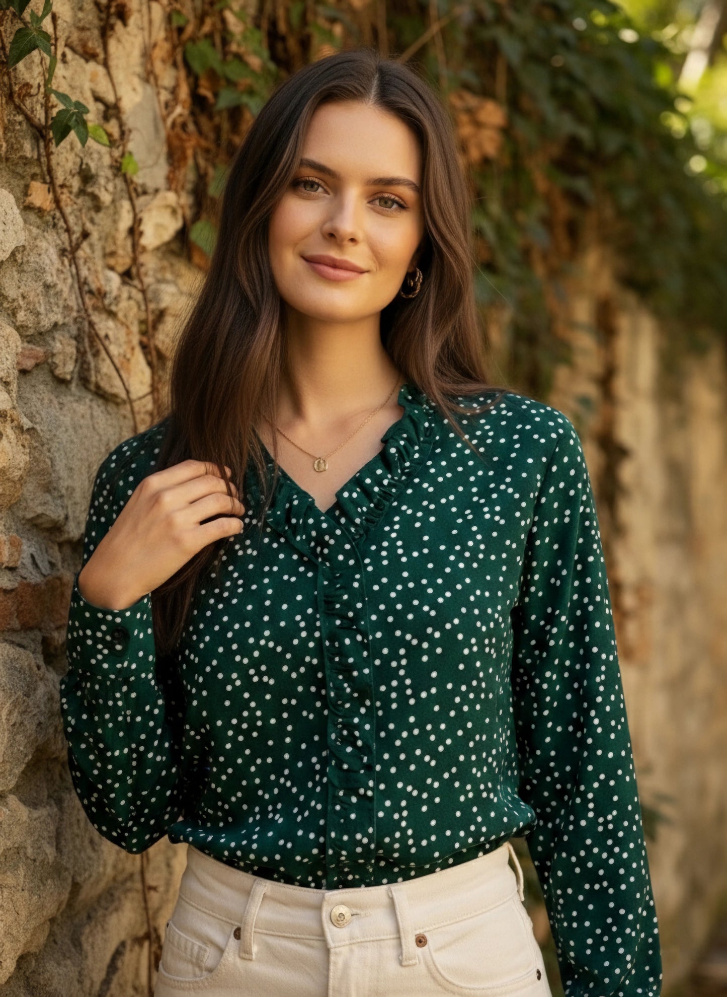 Green & White Polka Dot Printed V-Neck Long Sleeves Pleated Regular Top
