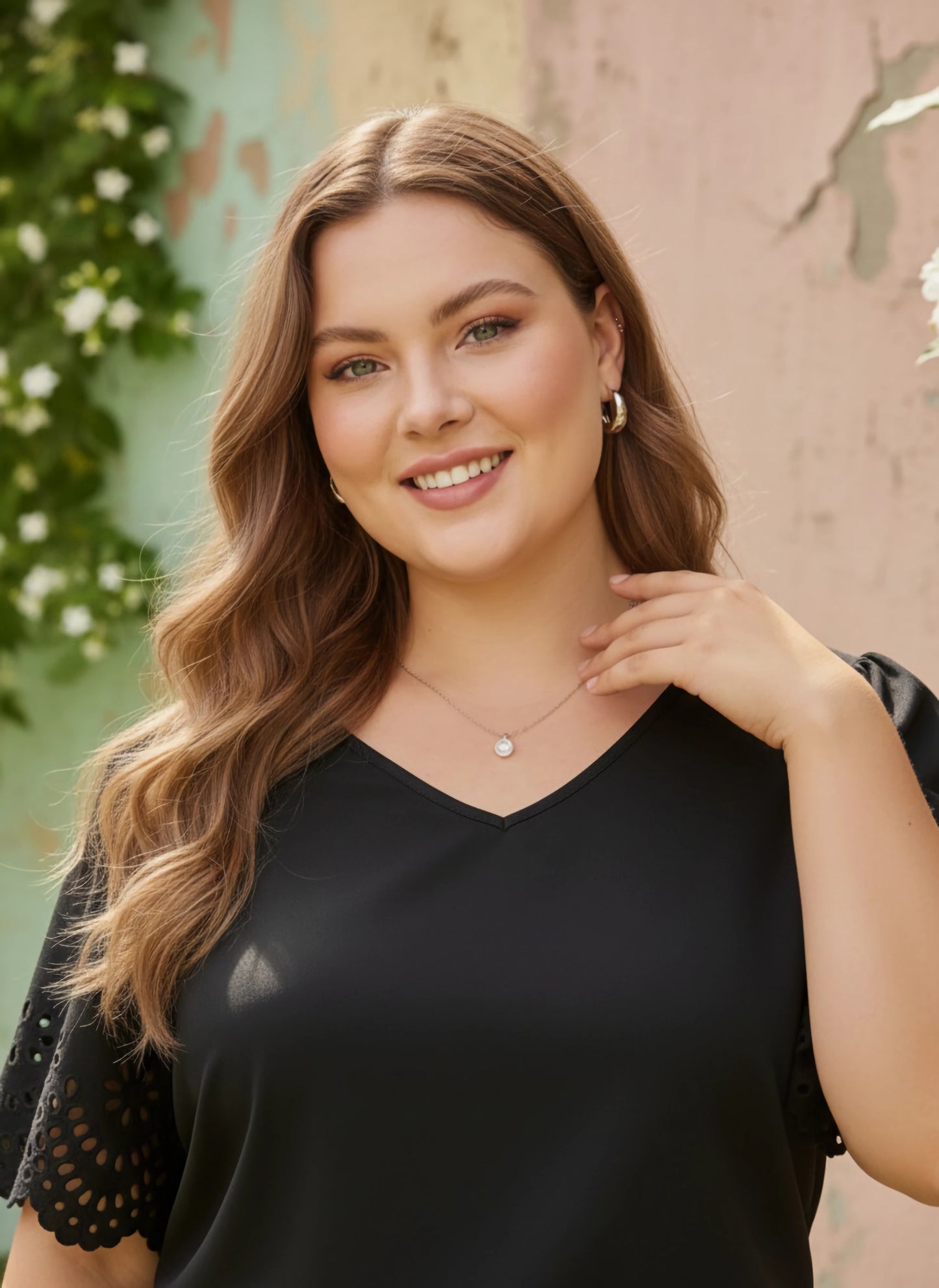 Curve Solid Black V-Neck Short Cutout Sleeves Regular Top