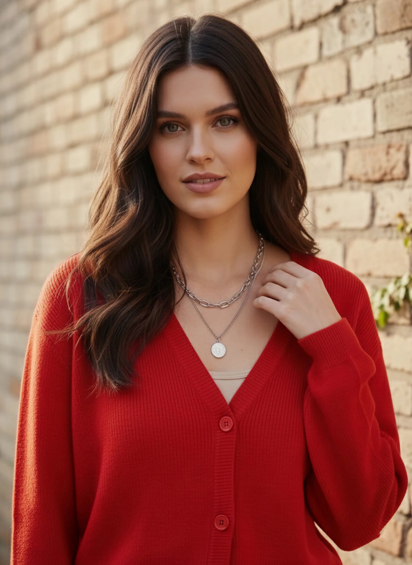 Berrylush Women Solid Red V-Neck Drop-Shoulder Sleeves Button-Up Ribbed Hem Regular Cardigan