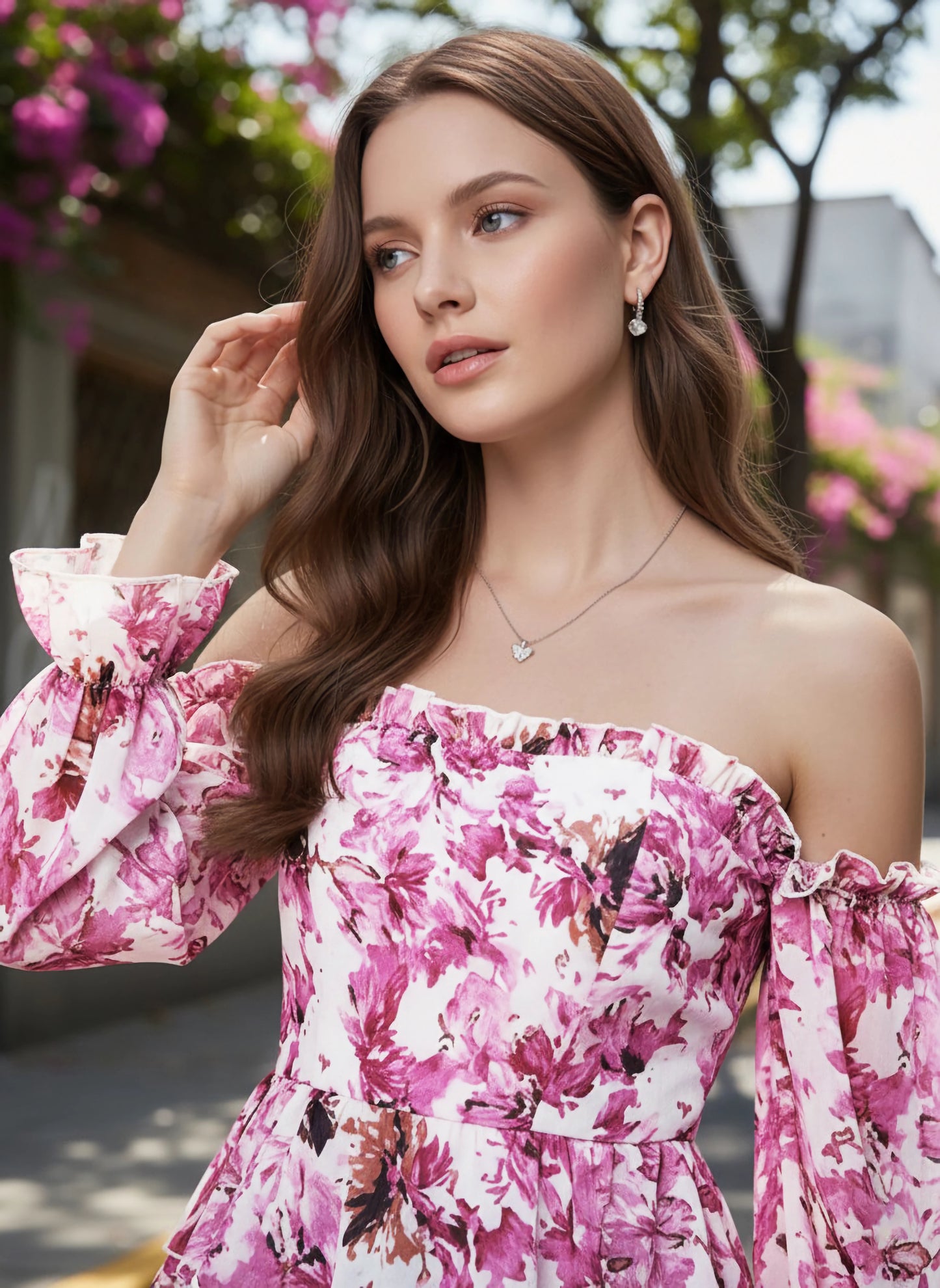 Berrylush Women White & Pink Floral Printed Off-Shoulder Neck Three-Quarter Sleeves Georgette Smocked Regular Top