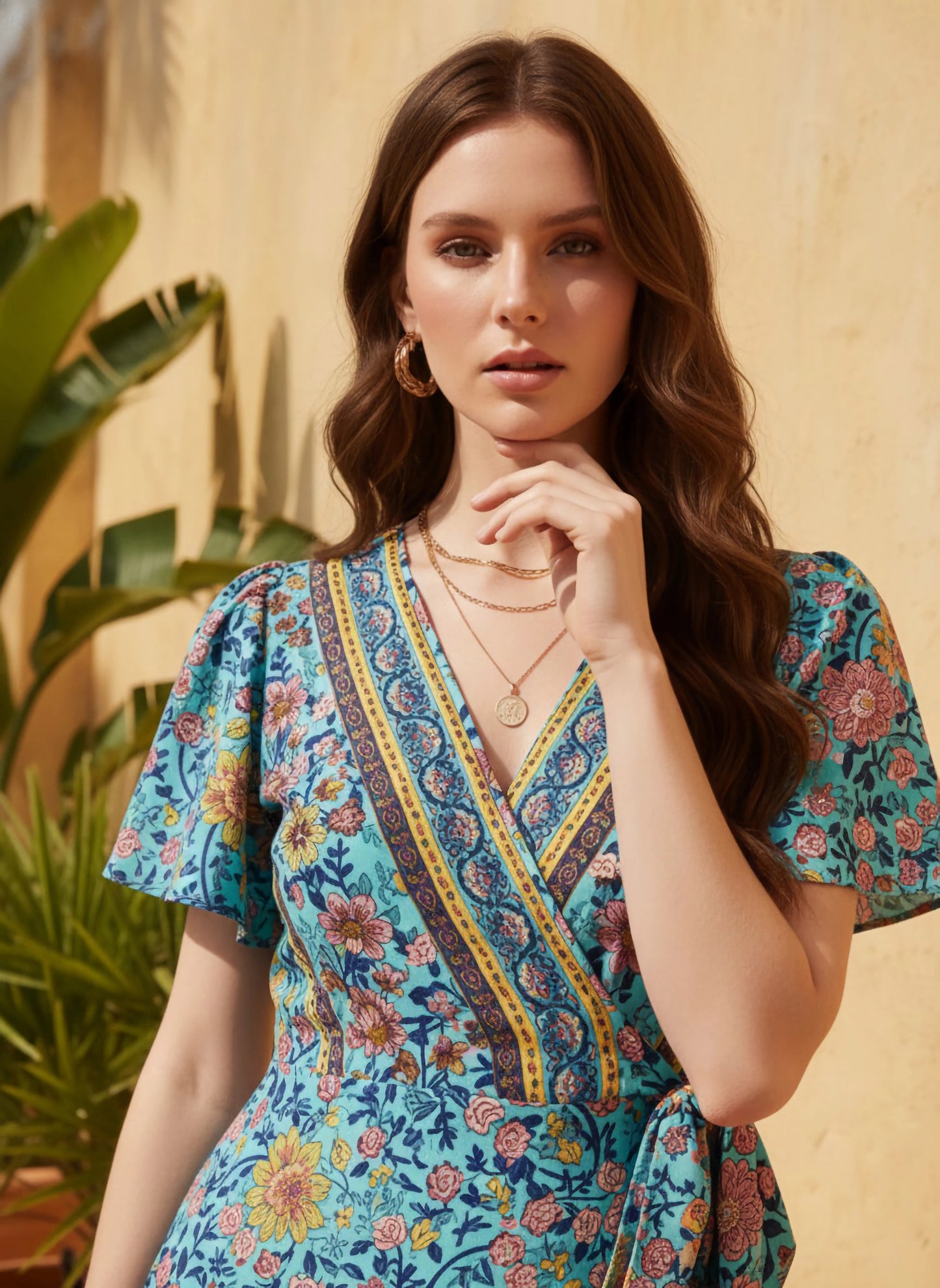 Berrylush Women Blue & Multicolour Floral Printed V-Neck Waist Tie-Up Thigh-High Slit Flared Wrap Maxi Dress