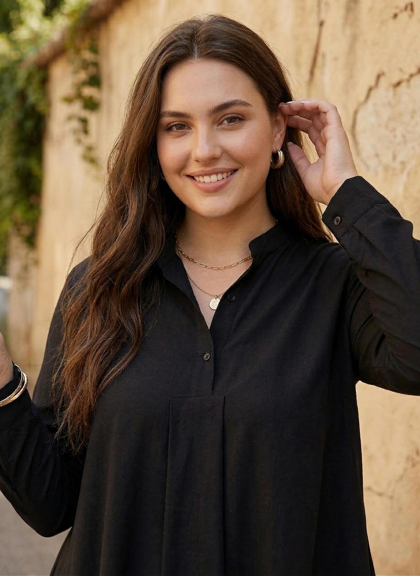 Plus Size Solid Black Mandarin Collar Neck Flutter Sleeve Crepe Button-Up High-Low Hem Longline Top
