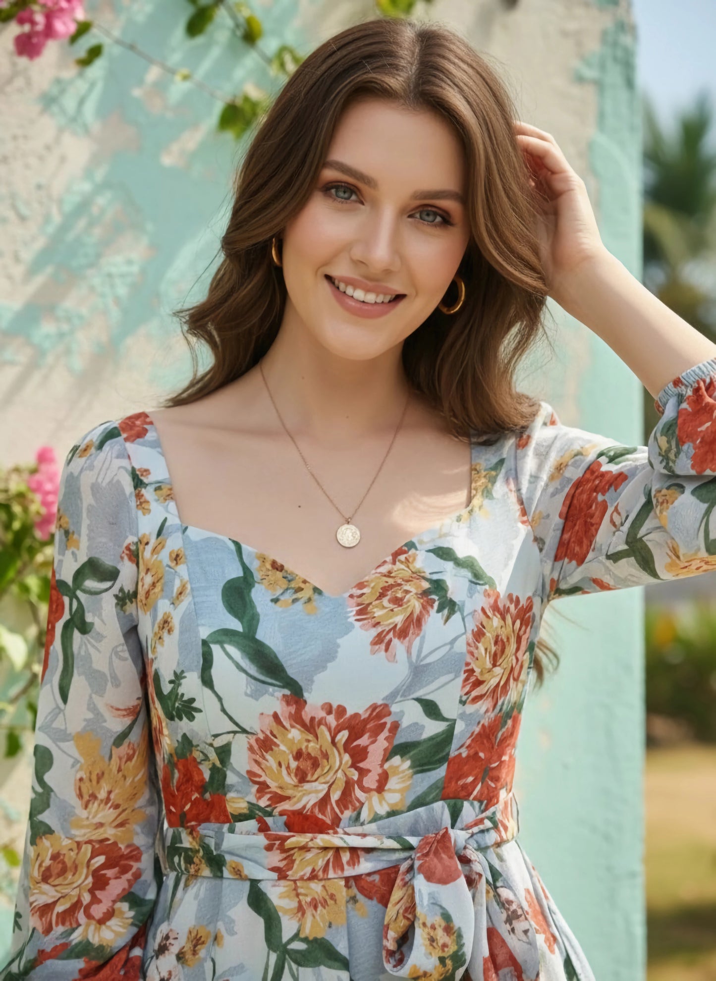 Berrylush Women Blue & Rust Orange Floral Printed Sweetheart Neck Tie-Up Waist Layered Mini Jumpsuit