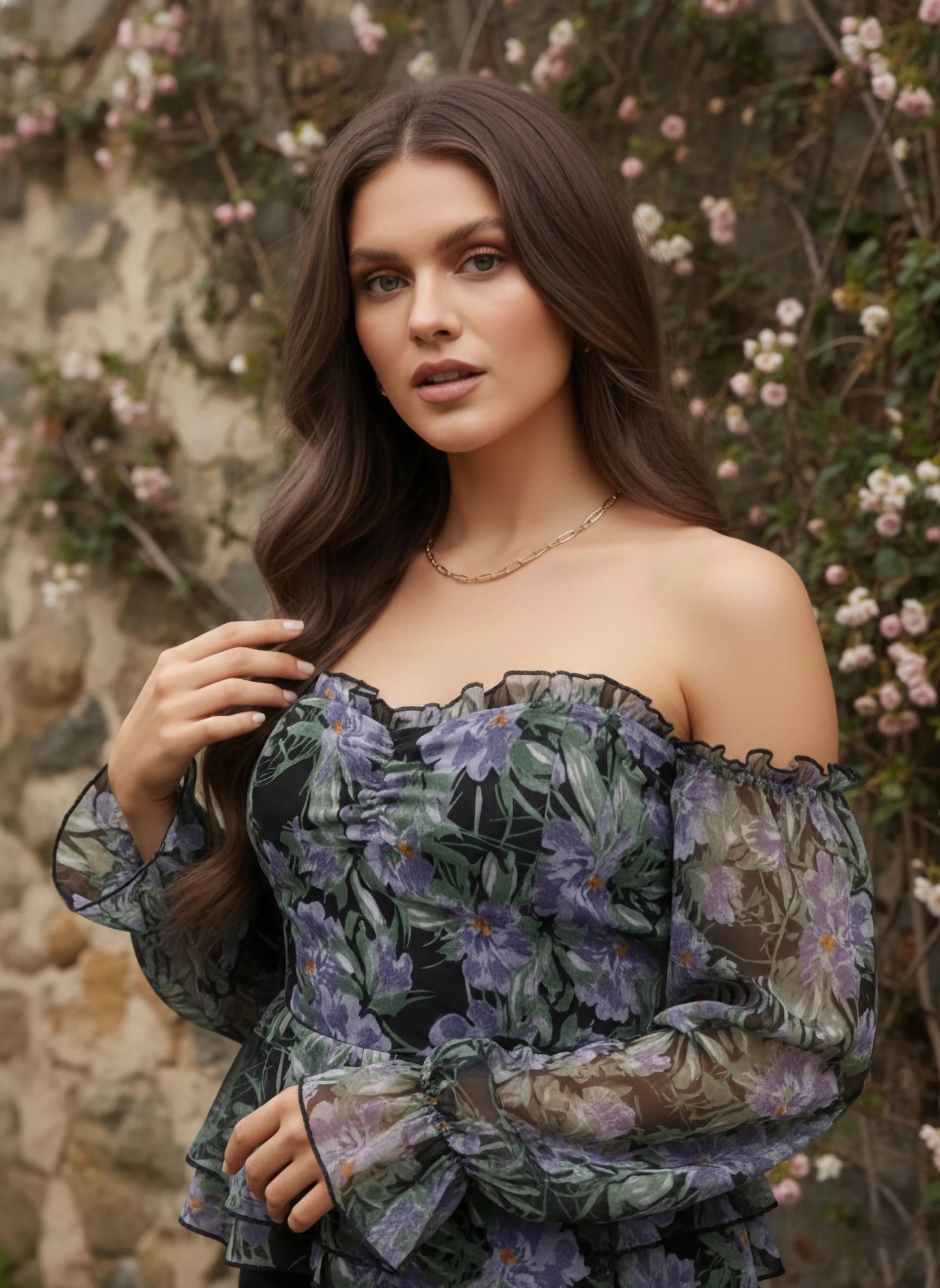 Berrylush Women Black & Purple Floral Printed Off-Shoulder Neck Bishop Sleeves Georgette Smocked Peplum Regular Top