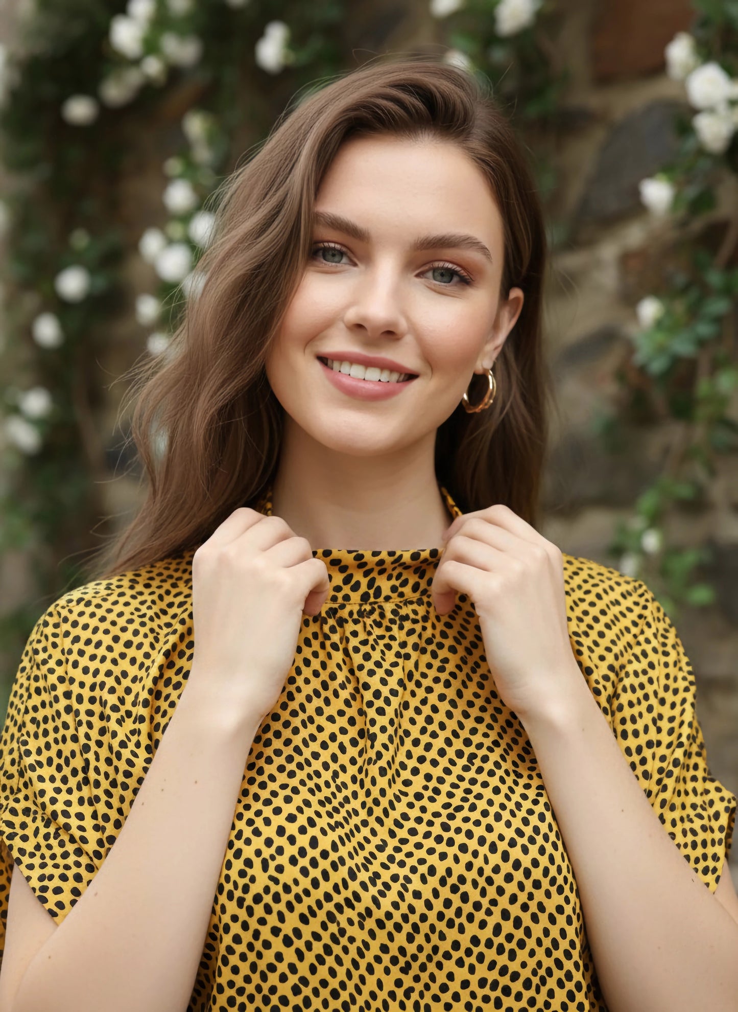 Berrylush Women Yellow & Black Animal Printed High Neck Tie-Up Back Extended Sleeve Regular Top