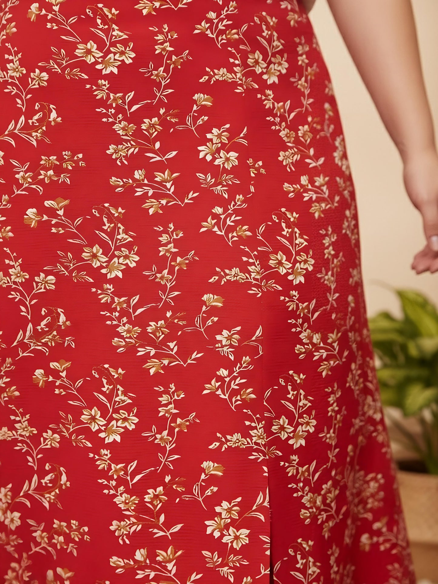 Berrylush Women Plus Size Red & White Floral Printed High-Rise Waist Thigh-High Slit Flared A-Line Maxi Skirt