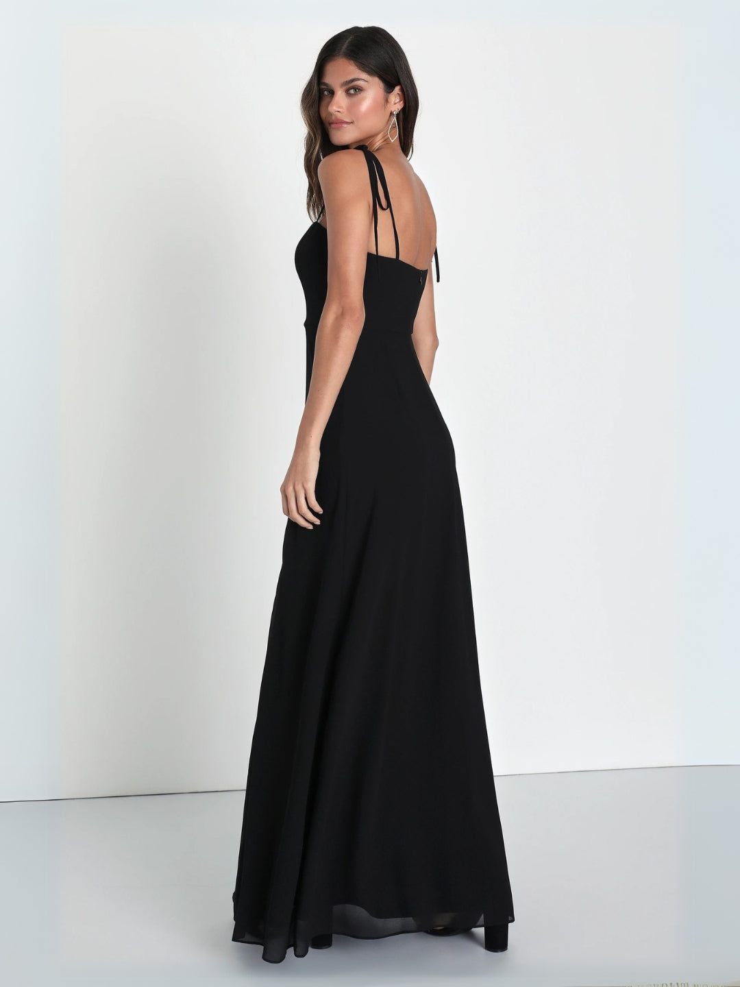 Berrylush Women Black Solid Shoulder Straps Thigh Slit A-Line Maxi Dress