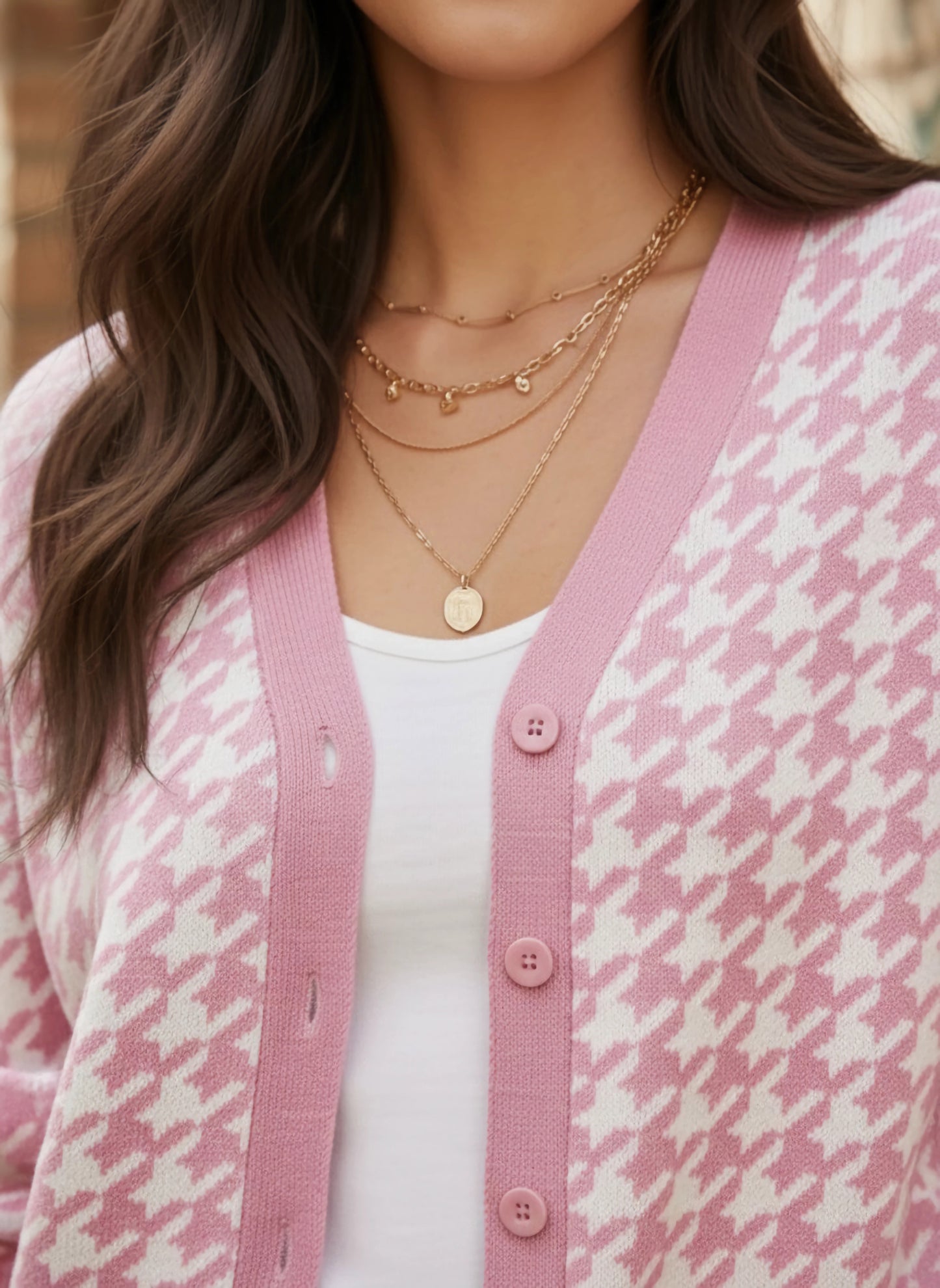 Berrylush Women Pink & White Houndstooth Printed V-Neck Drop-Shoulder Sleeves Front Button-Up Acrylic Straight Hem Knitted Regular Cardigan