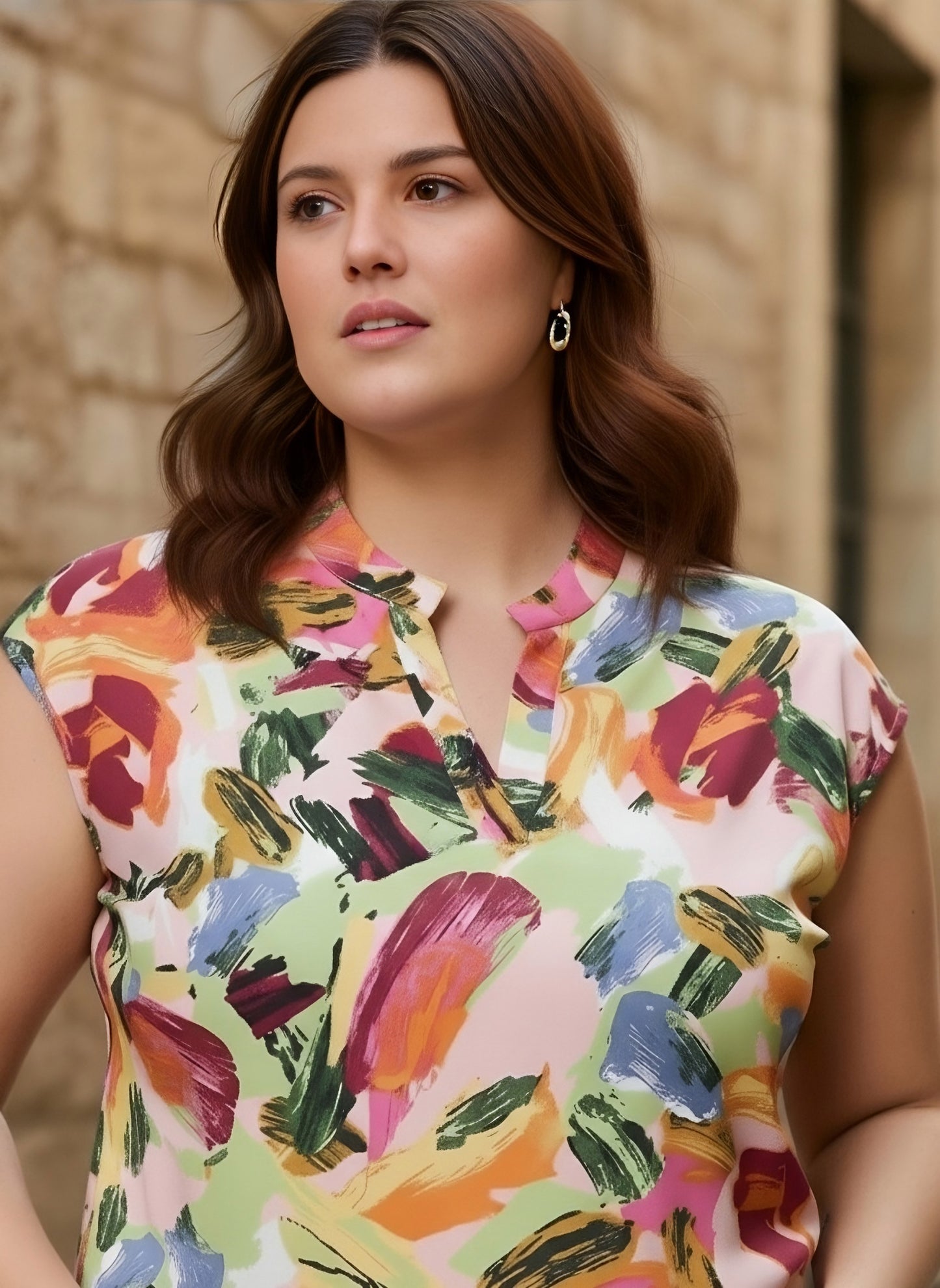 Berrylush Curve Women Pink & Multicolour Abstract Printed Mandarin Collar Neck Short Sleeves Regular Top