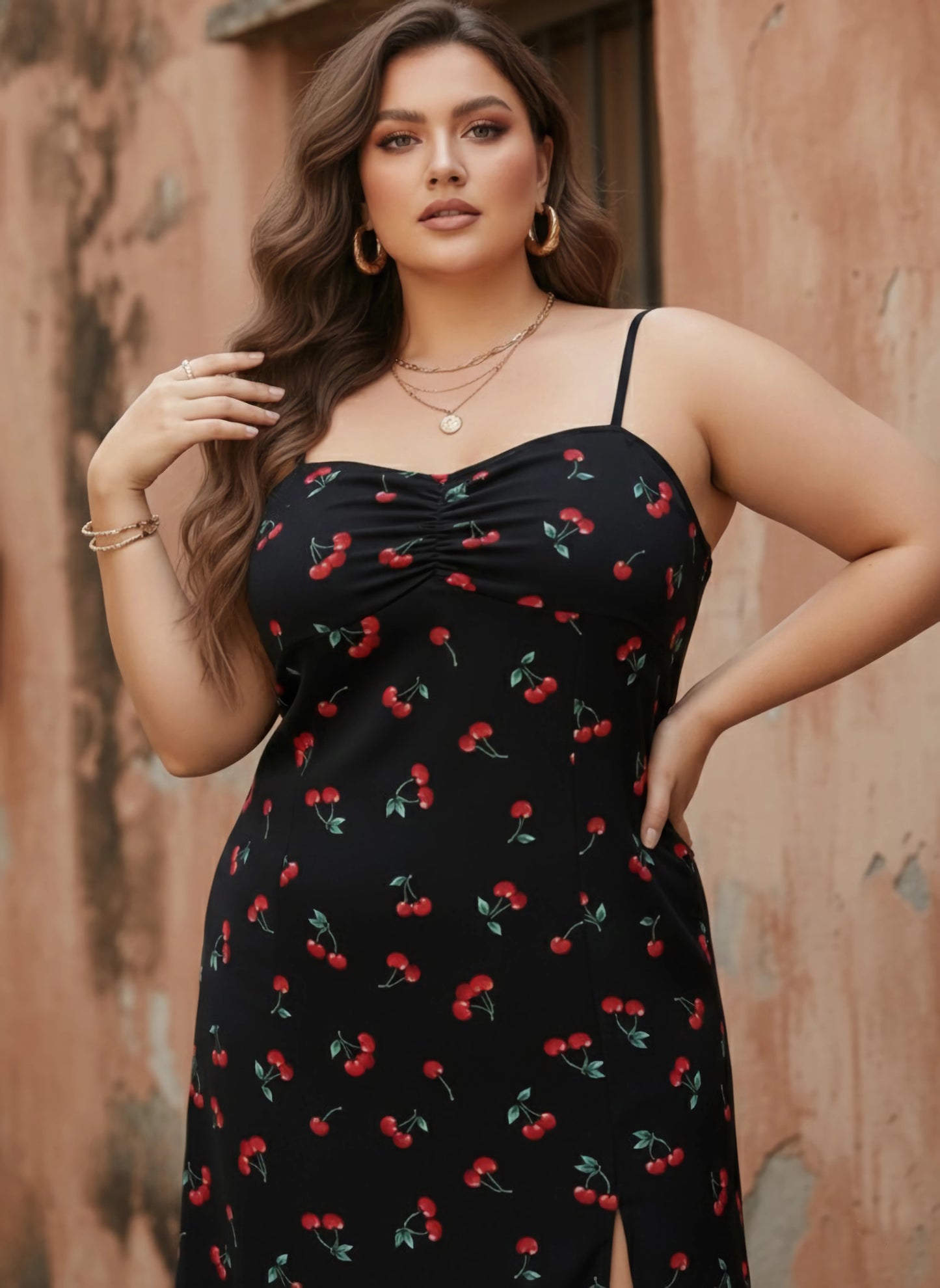 Berrylush Women Plus Size Navy Blue Cherry Printed Sweetheart Neck Ruched Sheath Midi Dress