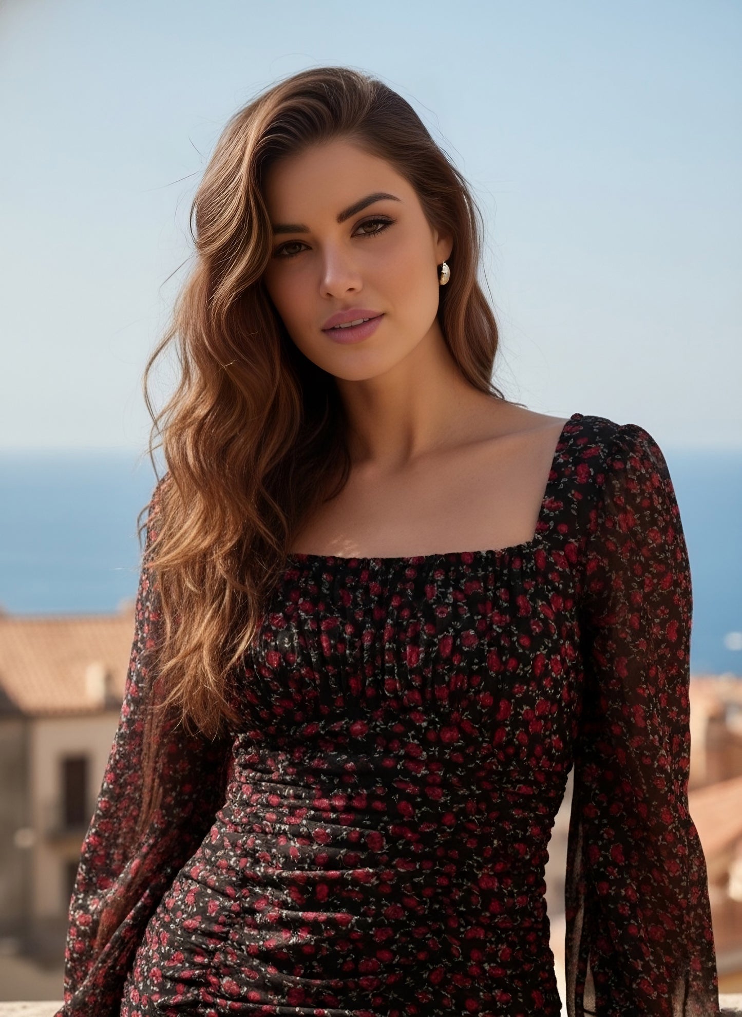 Berrylush Women Black & Red Ditsy Floral Printed Square Neck Georgette Ruched Bodycon Mini Dress