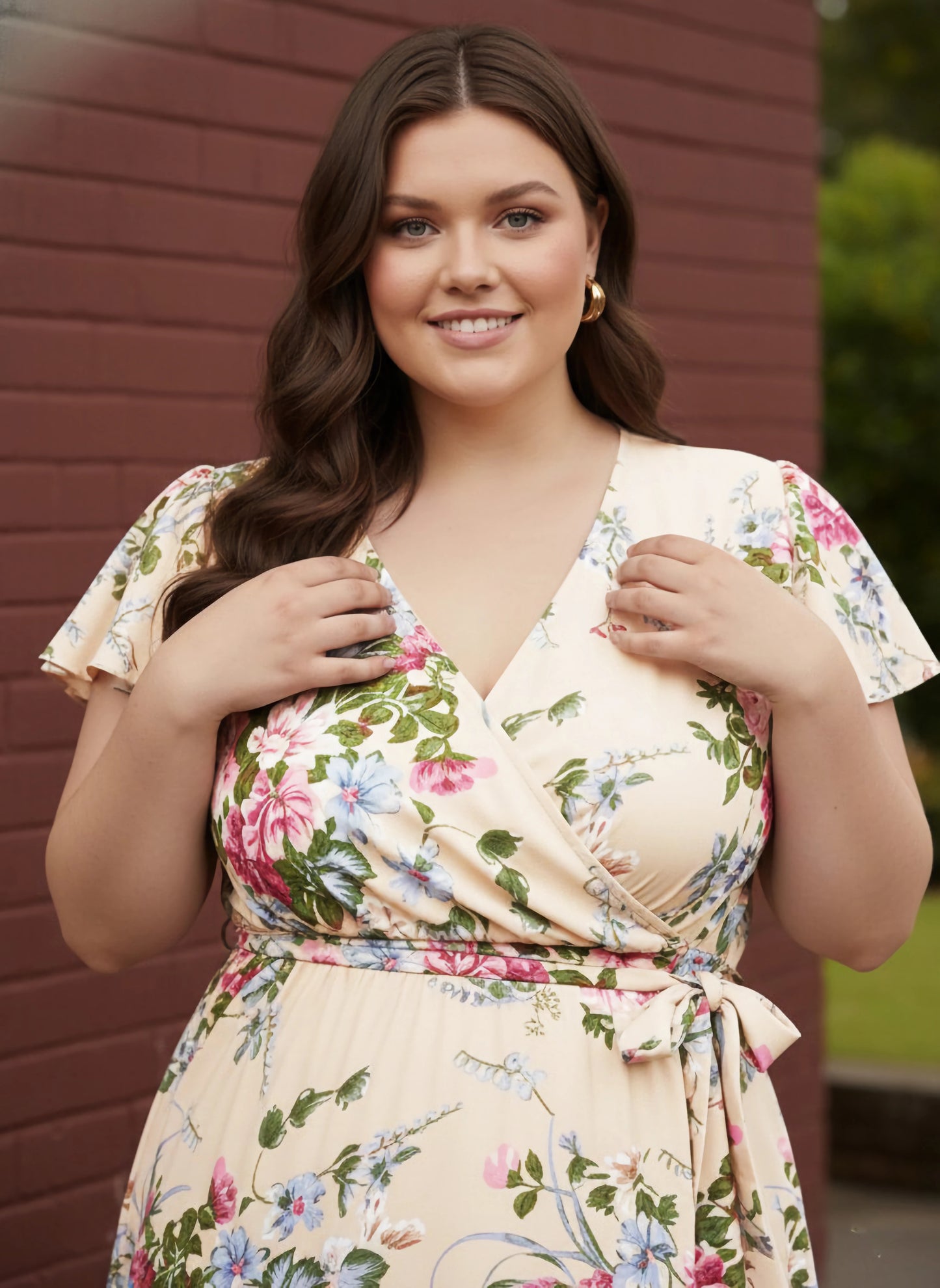 Plus Size Beige & Pink Floral Printed V-Neck Flutter Sleeve Tie-Up Waist Flared Maxi Dress