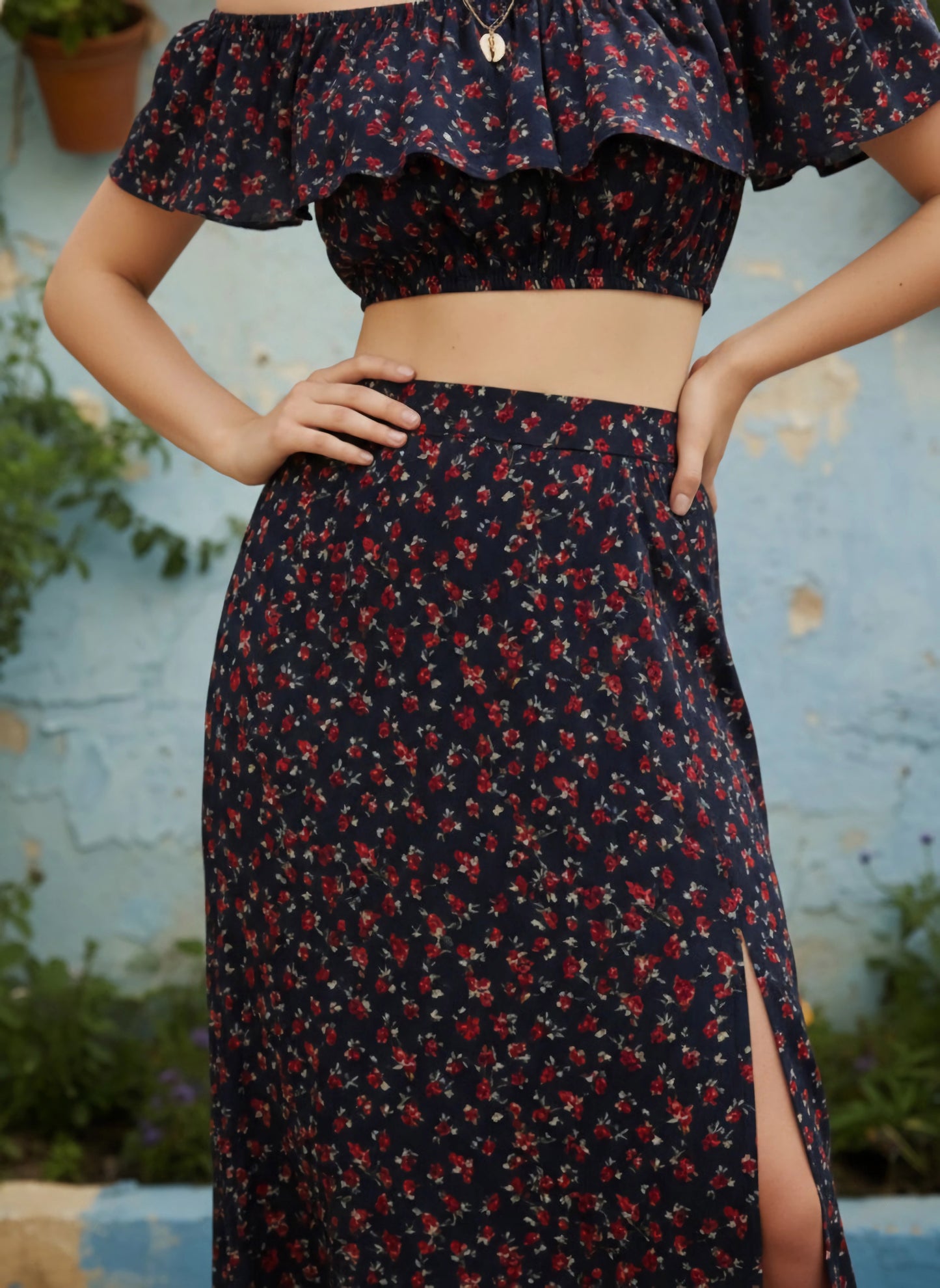 Berrylush Women Navy Blue Floral Off-Shoulder Co-Ordinate Maxi Dress
