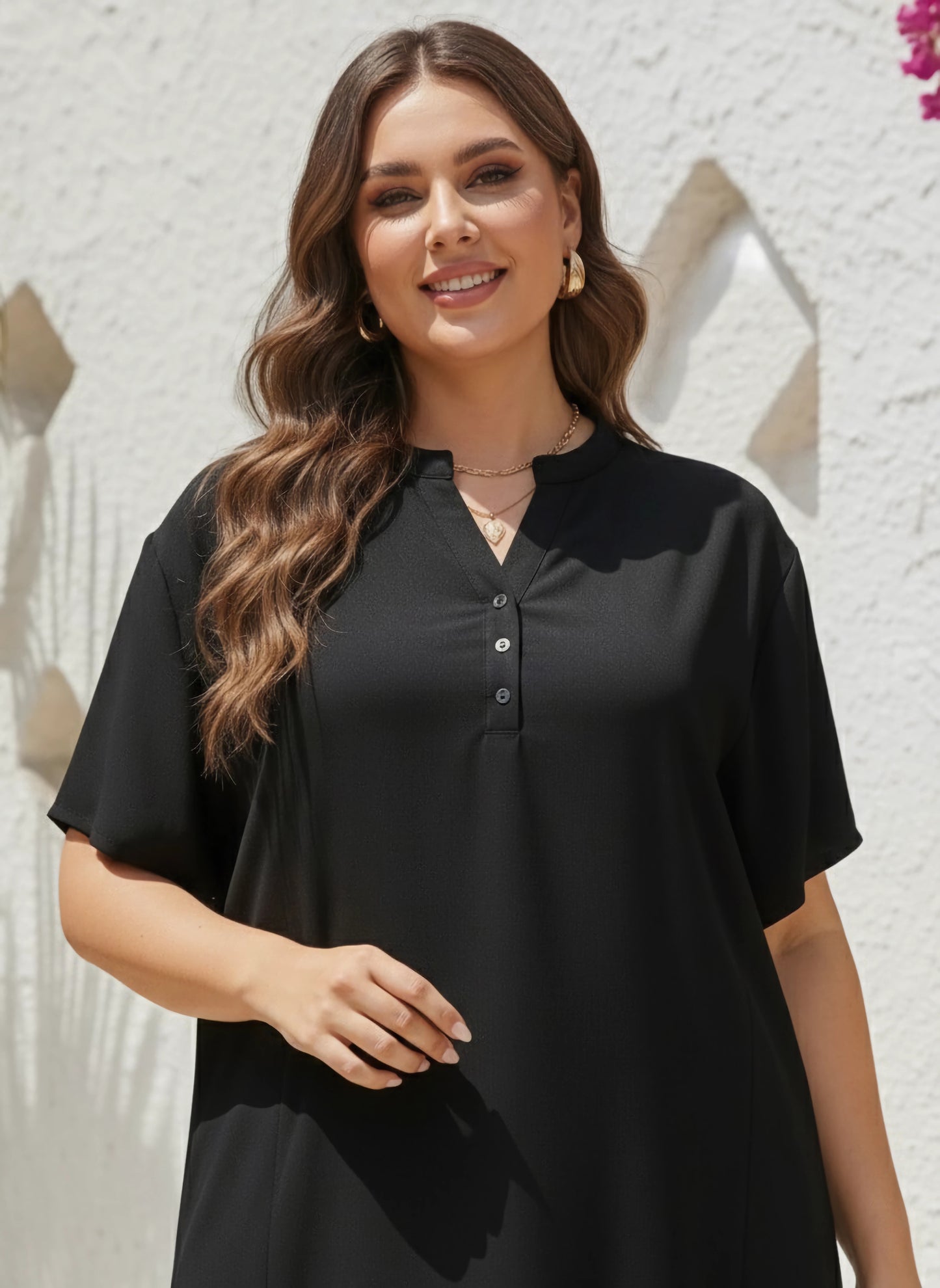Curve Solid Black Stand Collar Neck Button-Up Side-Slited Logline Top