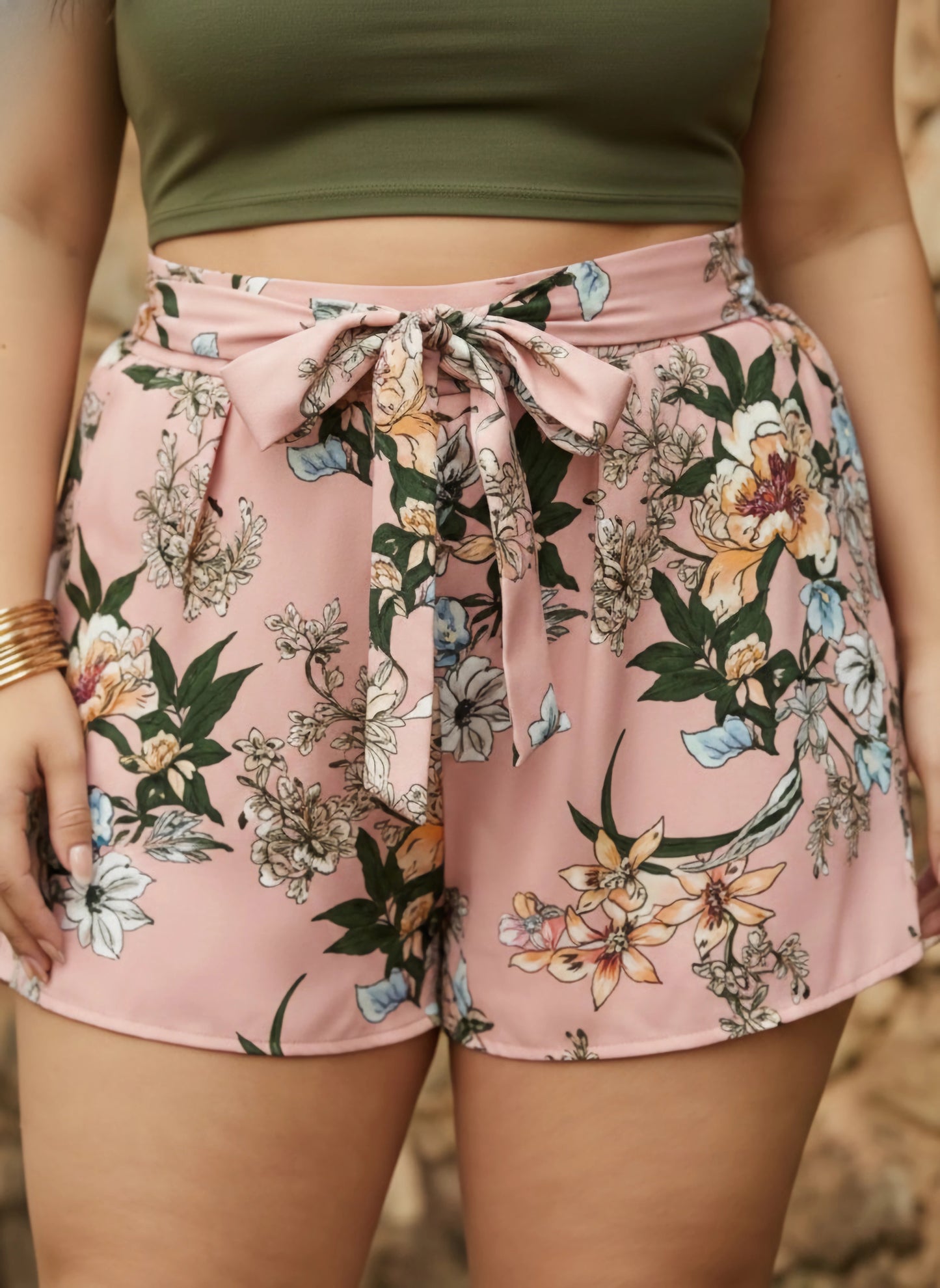 Berrylush Women Plus Size Pink & Green Floral Printed Tie-Up Elastic Waist Slip-On Mini Shorts