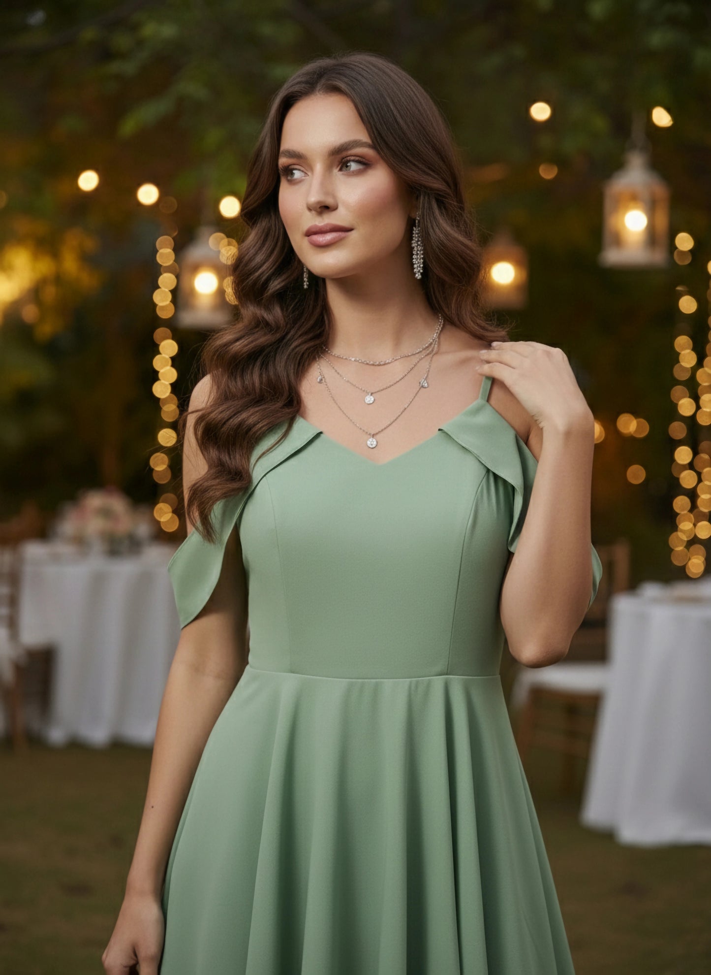 Berrylush Women Solid Green V-Neck Cold-Shoulder Flounce Hem Layered A-Line Maxi Dress