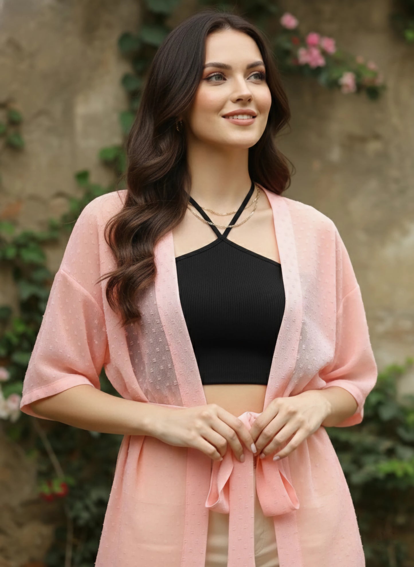 Berrylush Women Pink Self-Design Pattern Open Front Waist Tie-Up Georgette Regular Shrug