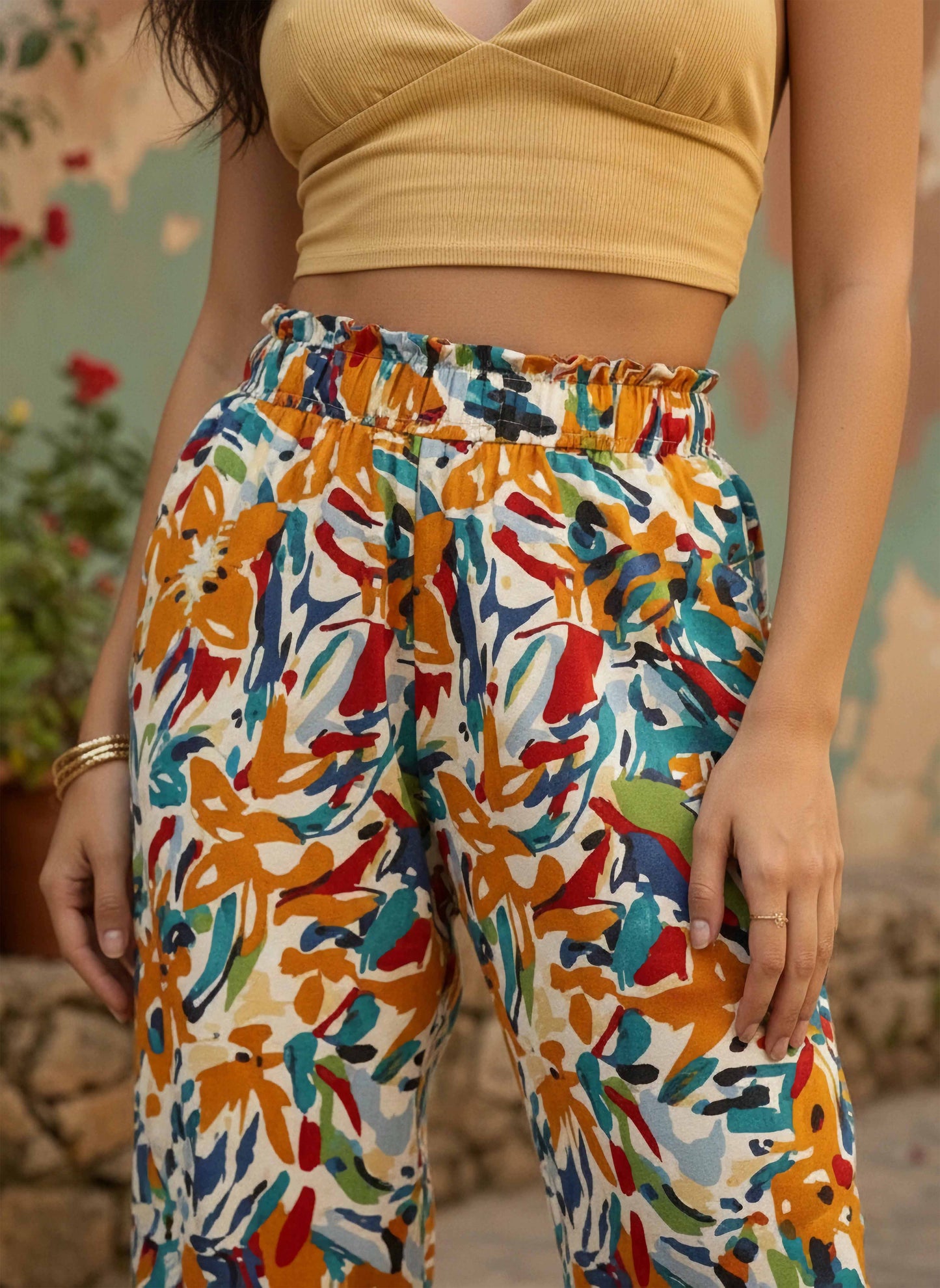 Berrylush Women White & Multicolour Abstract Printed High-Rise Elastic Waist Slip-On Pleated Regular Parallel Trousers