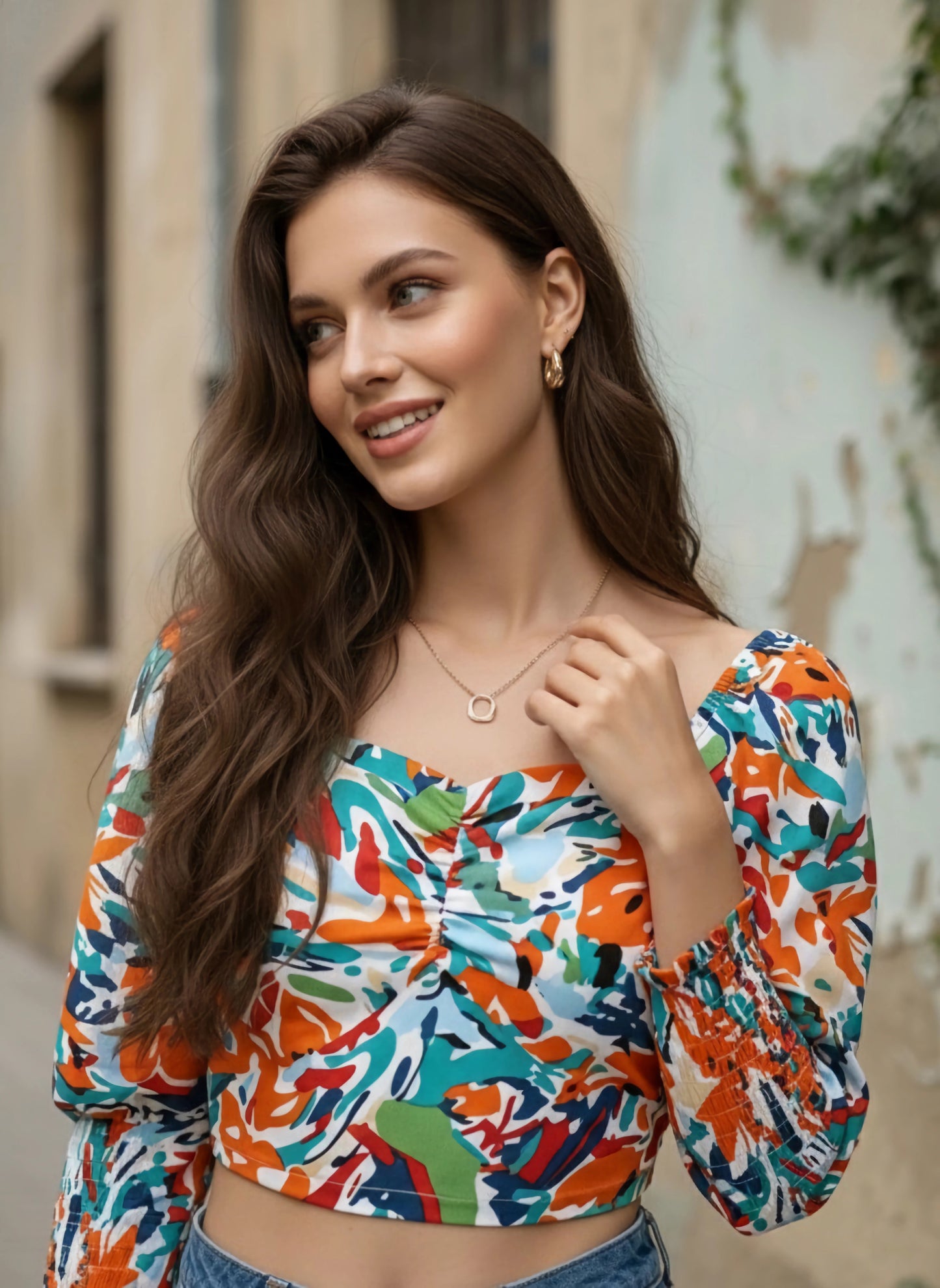 Berrylush Women White & Orange Abstract Printed Sweetheart Neck Three-Quarter Sleeve Smocked Crepe Crop Top