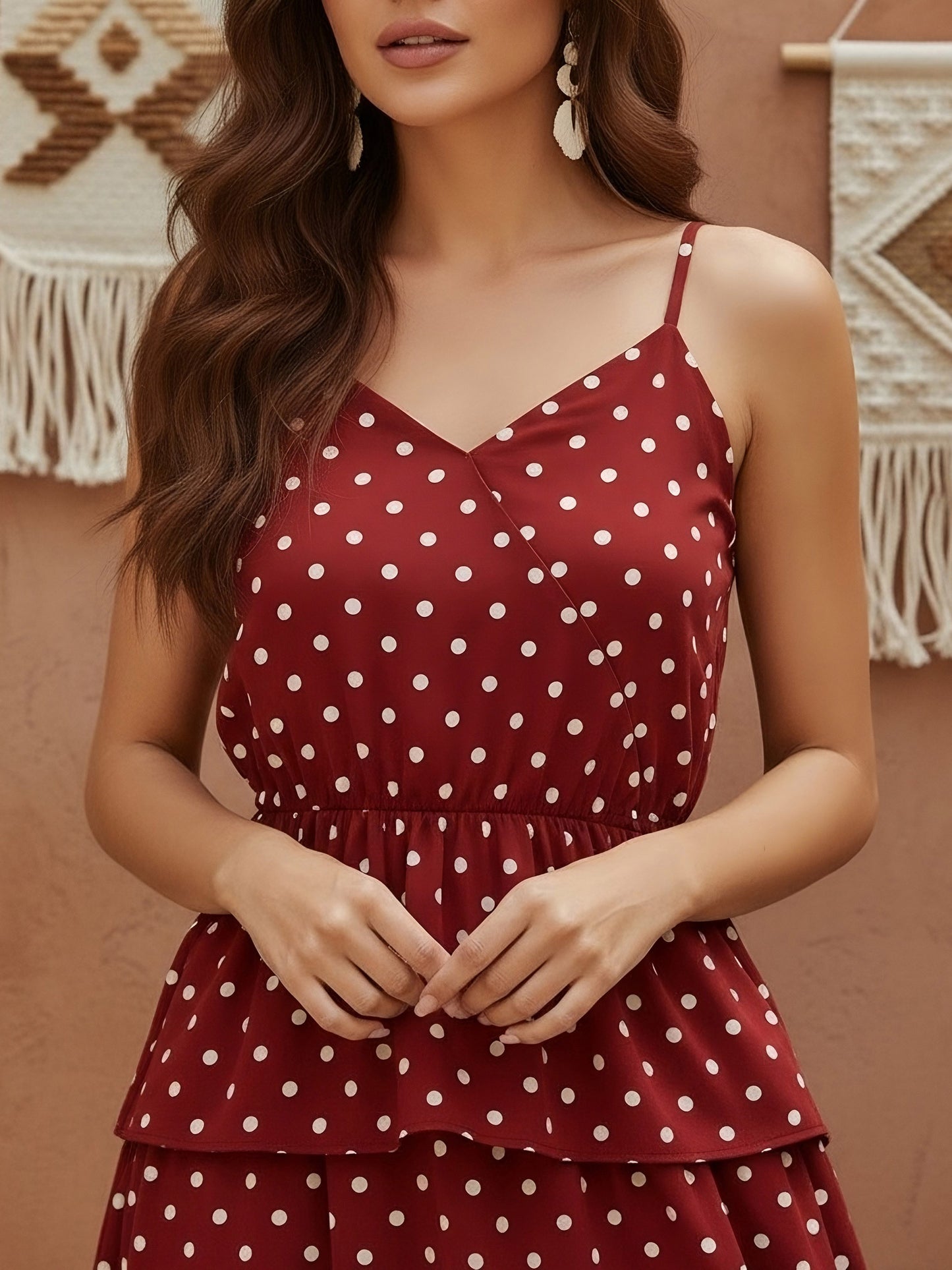 Berrylush Women Red Polka Dot Printed V-Neck Tiered Fit & Flare Midi Dress