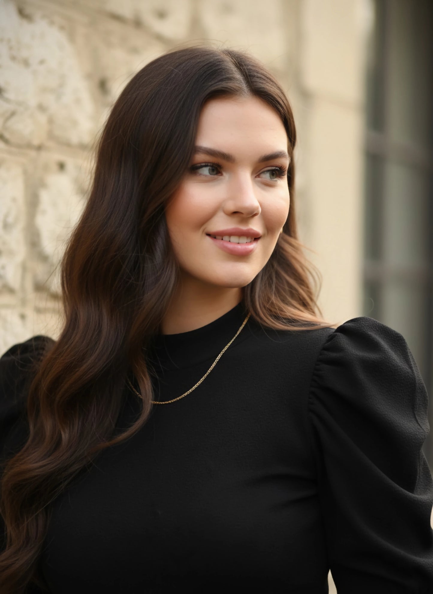 Berrylush Women Solid Black High-Neck Three-Quarter Sleeve Pleated Crepe Regular Top