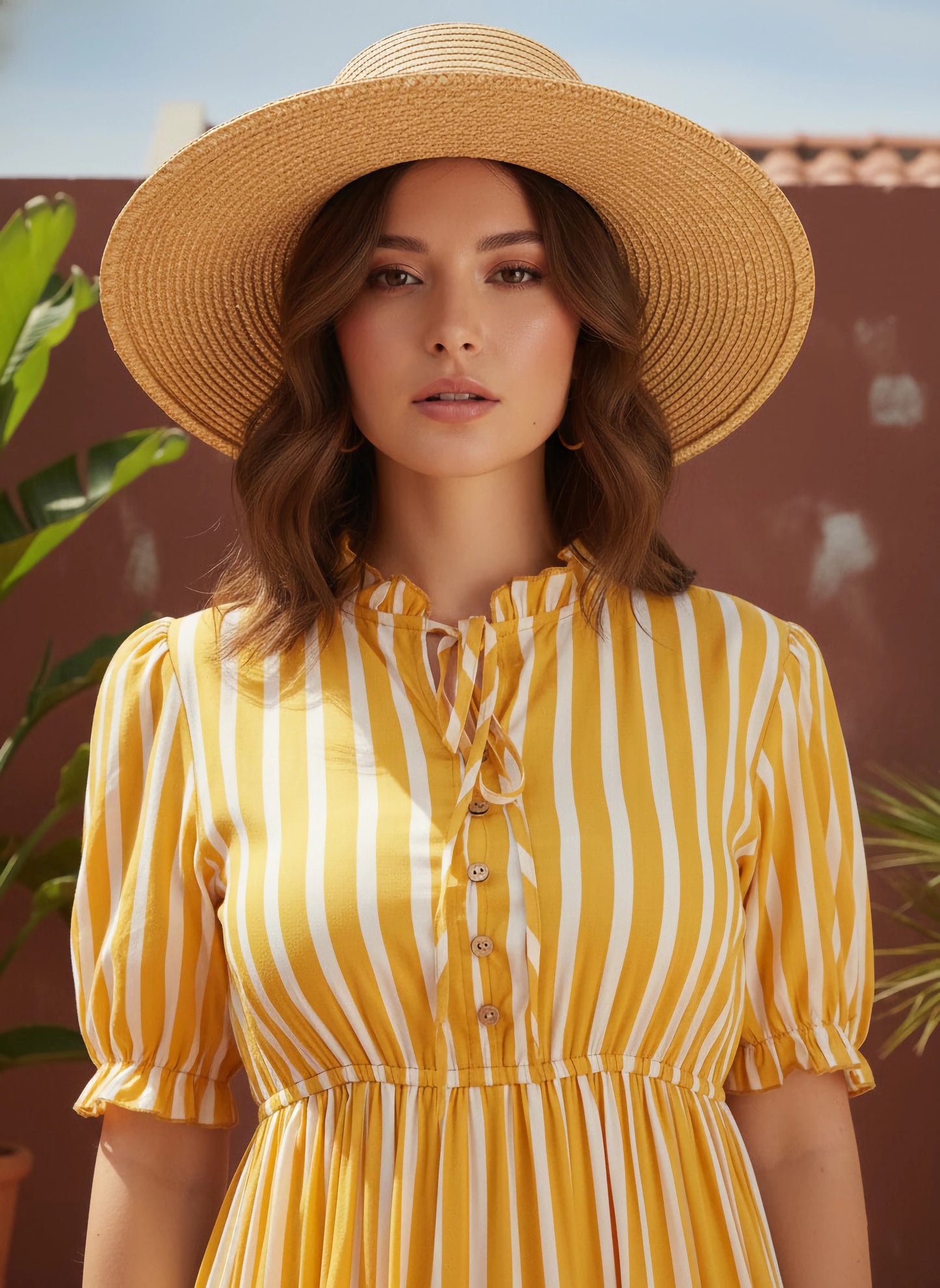 Berrylush Women Yellow & White Vertical Striped Print Tie-Up Neck Flutter Sleeve Viscose Rayon Layered Maxi Dress