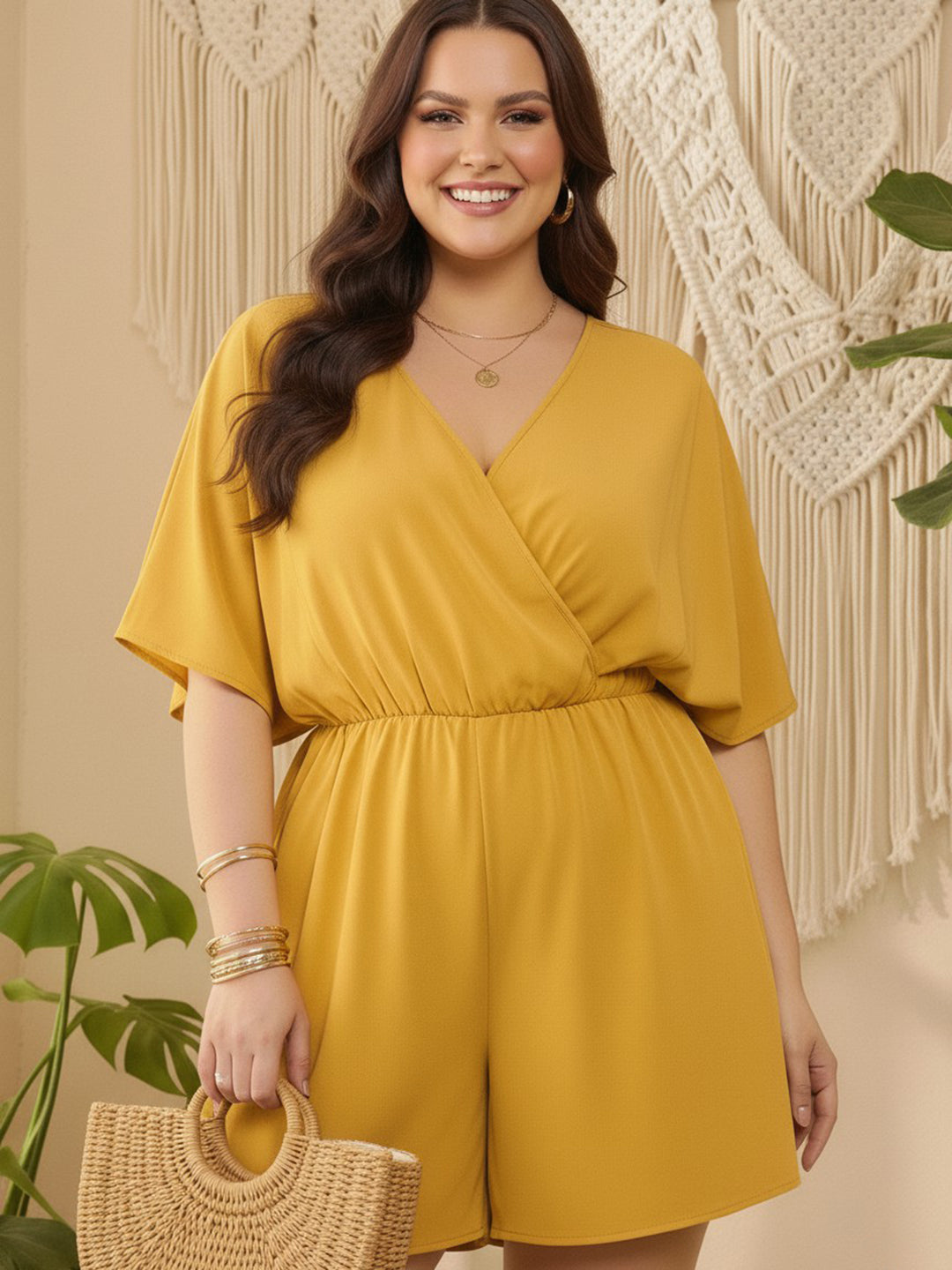 Berrylush Curve Women Solid Yellow V-Neck Cape Sleeves Cinched Waist Wrap Mini Jumpsuit