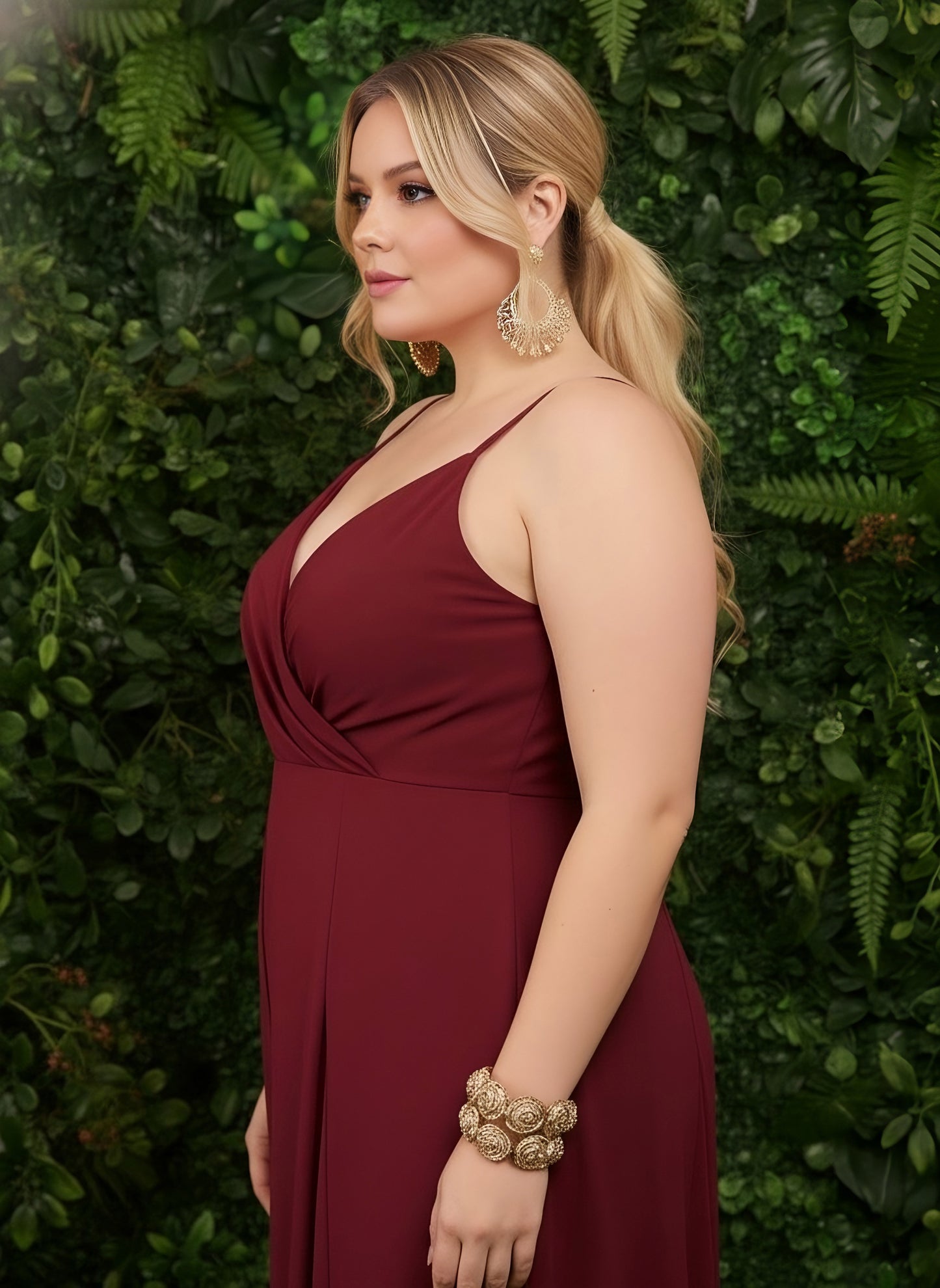 Berrylush Curve Women Solid Maroon V-Neck Sleeveless Smocked Back Wide-Leg Gathered Maxi Culotte Jumpsuit