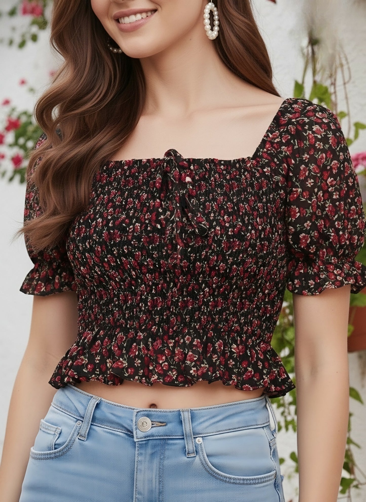 Berrylush Women Black Floral Print Smocked Crop Top