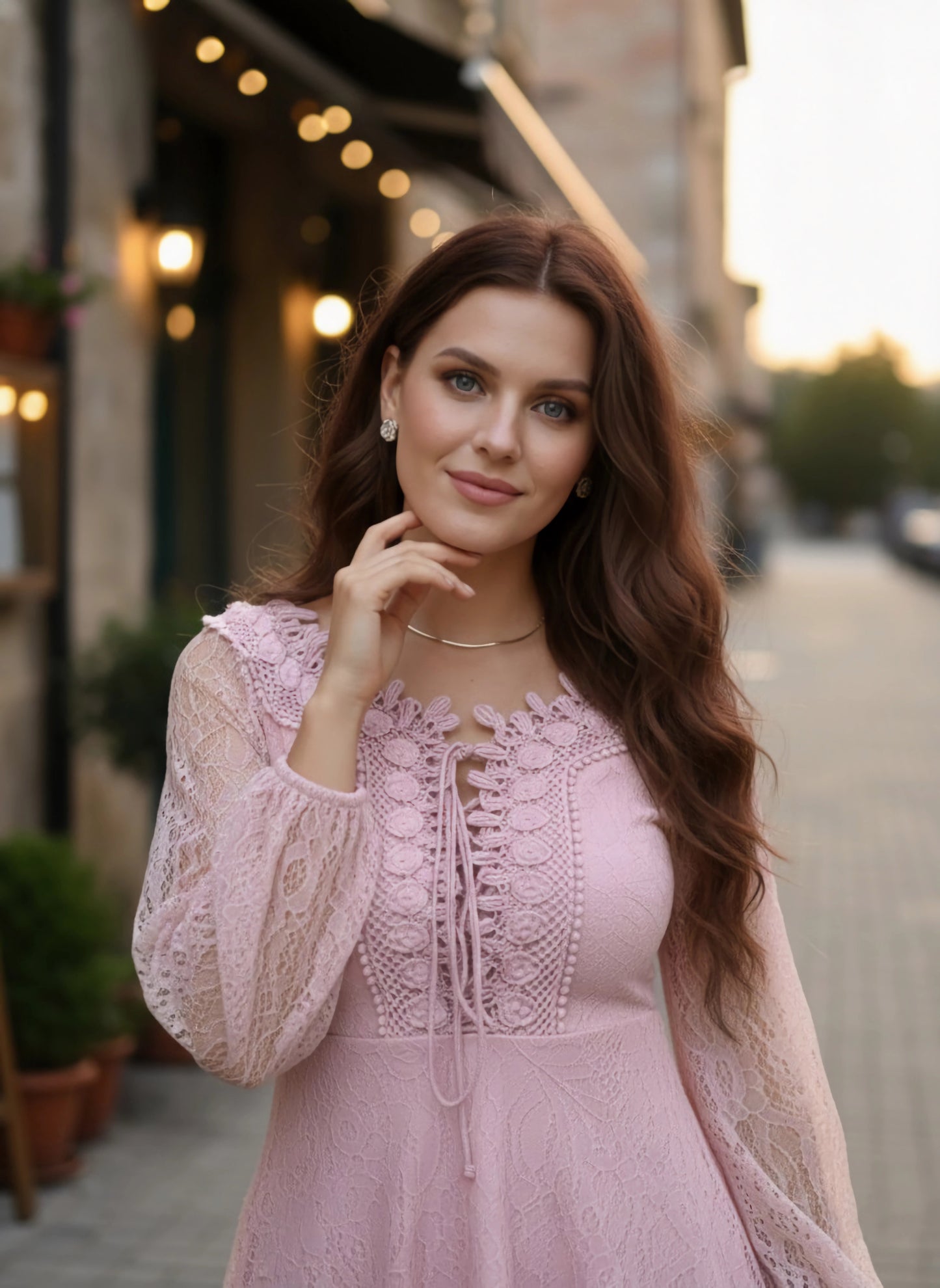 Pink Floral Pattern V-Neck Bishop Sleeves Lace-up Ruffled A-Line Mini Dress