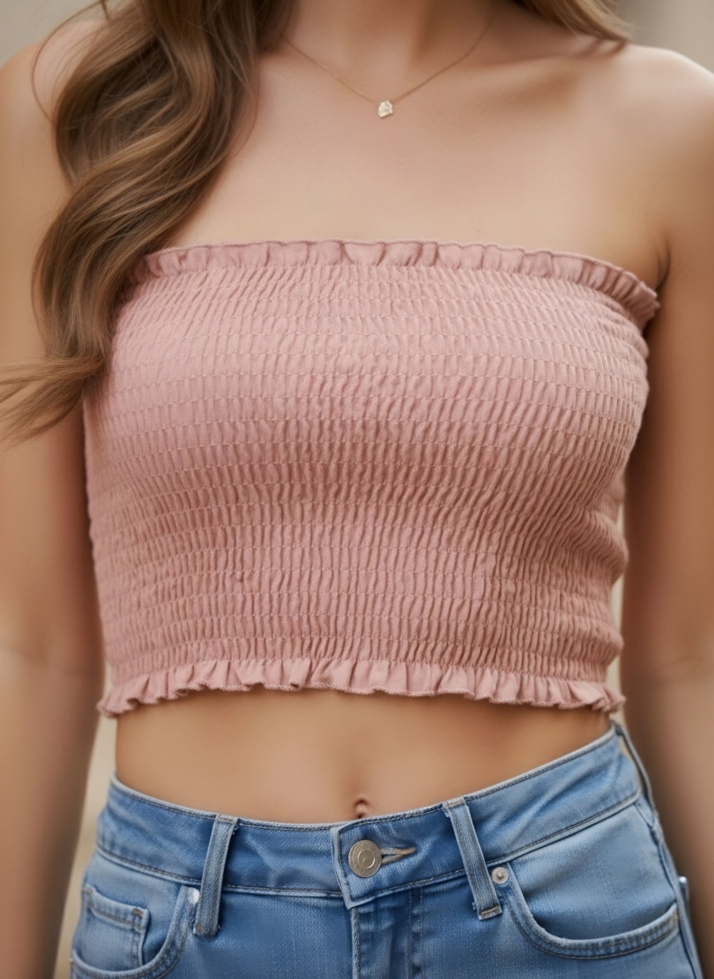 Berrylush Women Solid Peach Strapless Neck Sleeveless Backless Smocked Crop Tube Top