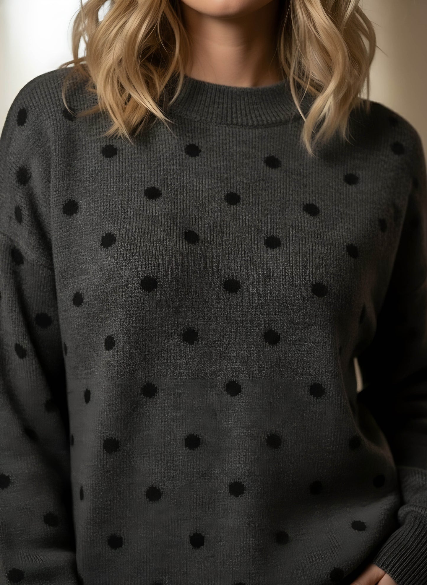 Berrylush Women Charcoal Grey & Black Polka Dot Printed Round Neck Ribbed Hem Regular Pullover
