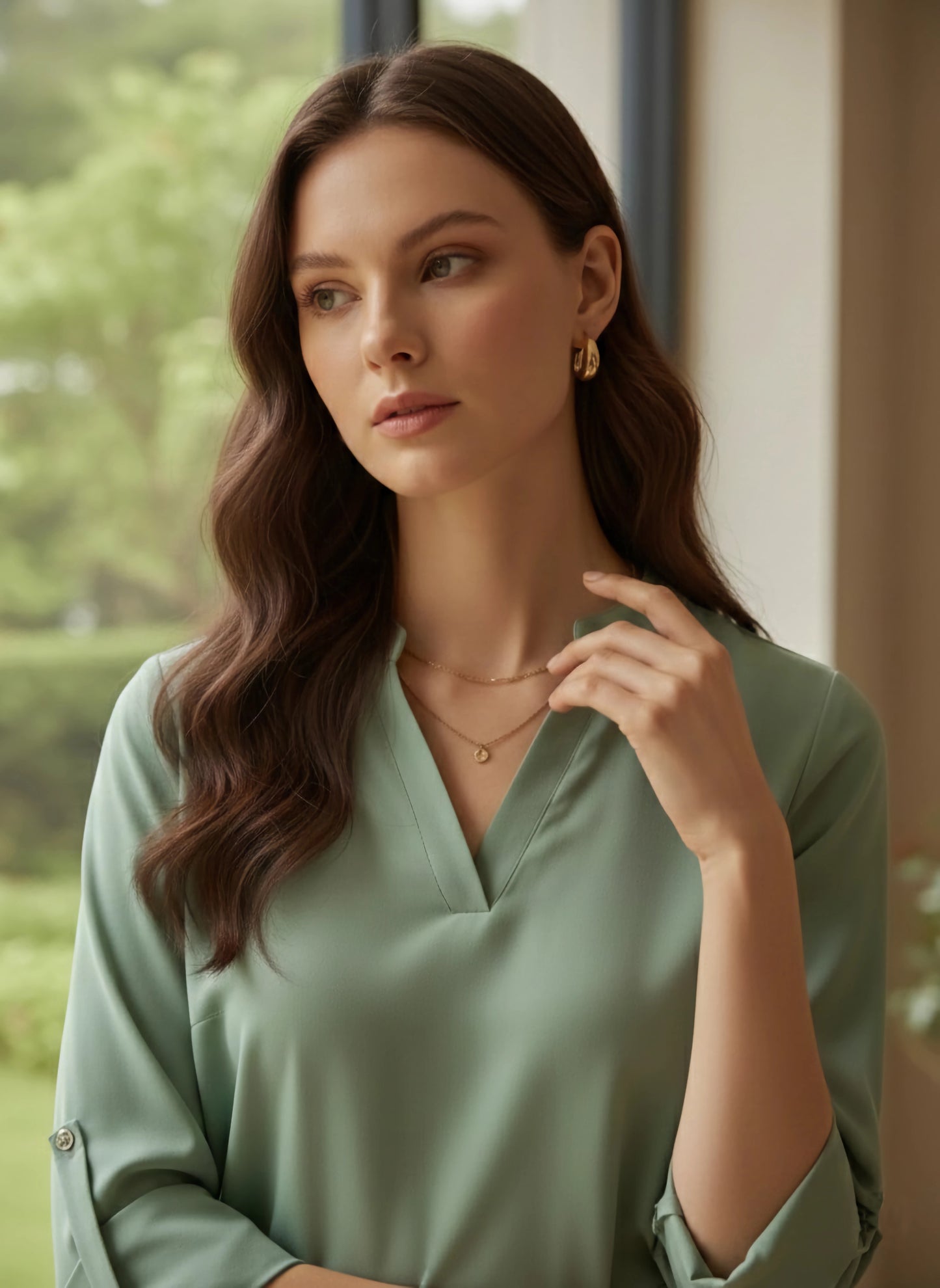 Berrylush BIZwear Women Solid Green Mandarin Collar Neck Long Sleeves Curved Hem Regular Shirt