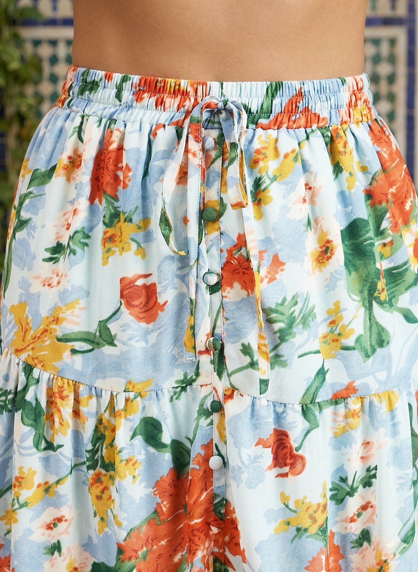 Blue & Orange Floral Printed High-Rise Elastic Waist Front Thigh-High Slit Gathered A-Line Maxi Skirt