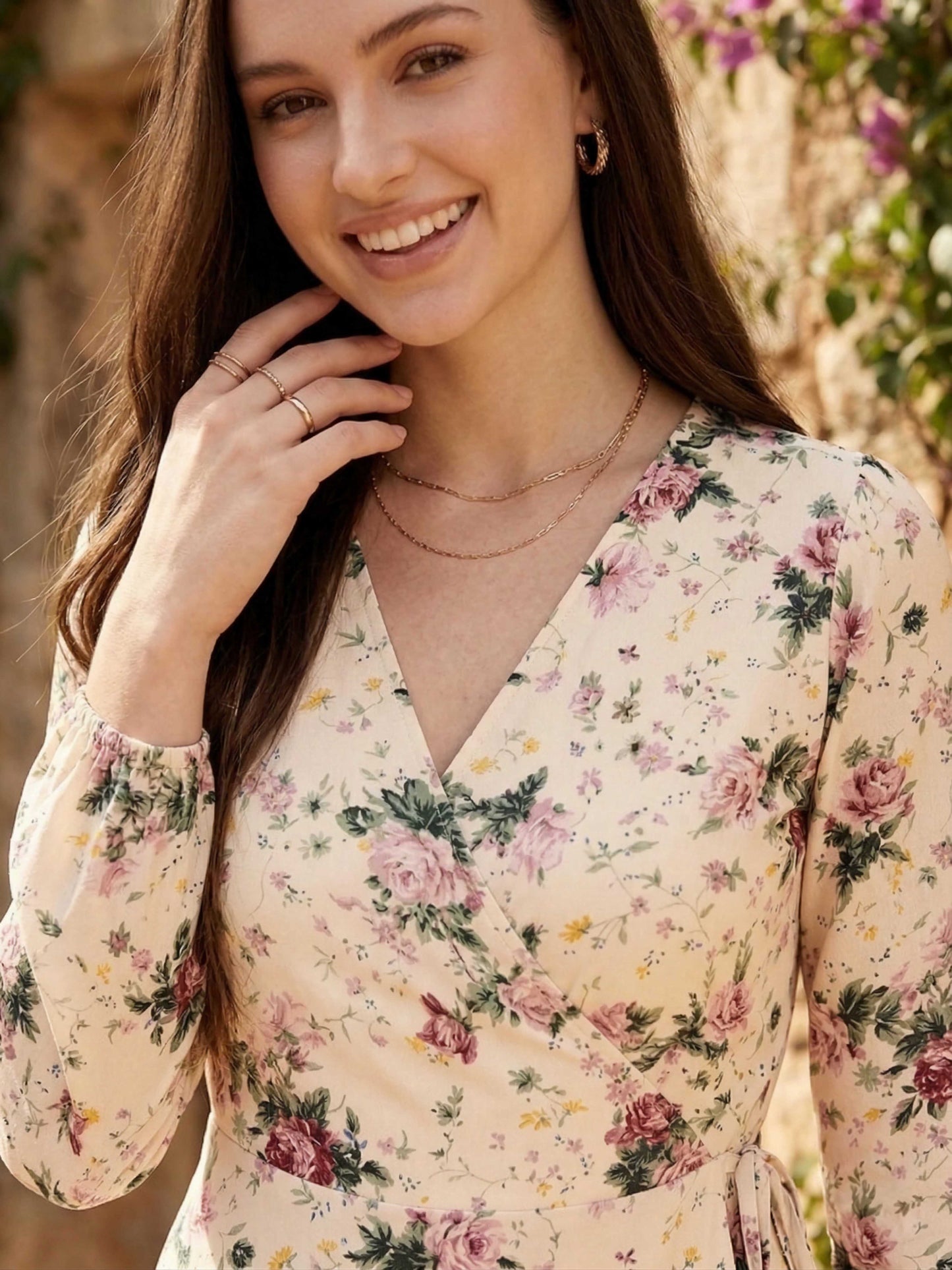 Berrylush Women Beige Floral Printed V-Neck Waist Tie-Up Flared Wrap Mini Dress